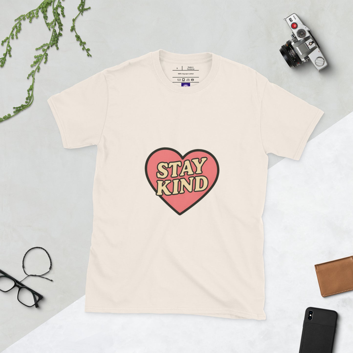 Stay Kind – Retro Heart Typography - Short-Sleeve Unisex T-Shirt - Graphic Tee - Natural - Front