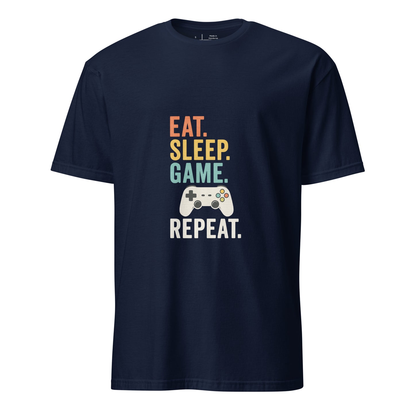"Eat. Sleep. Game. Repeat." Retro Gamer - Short-Sleeve Unisex T-Shirt - Graphic Tee - Navy - Front