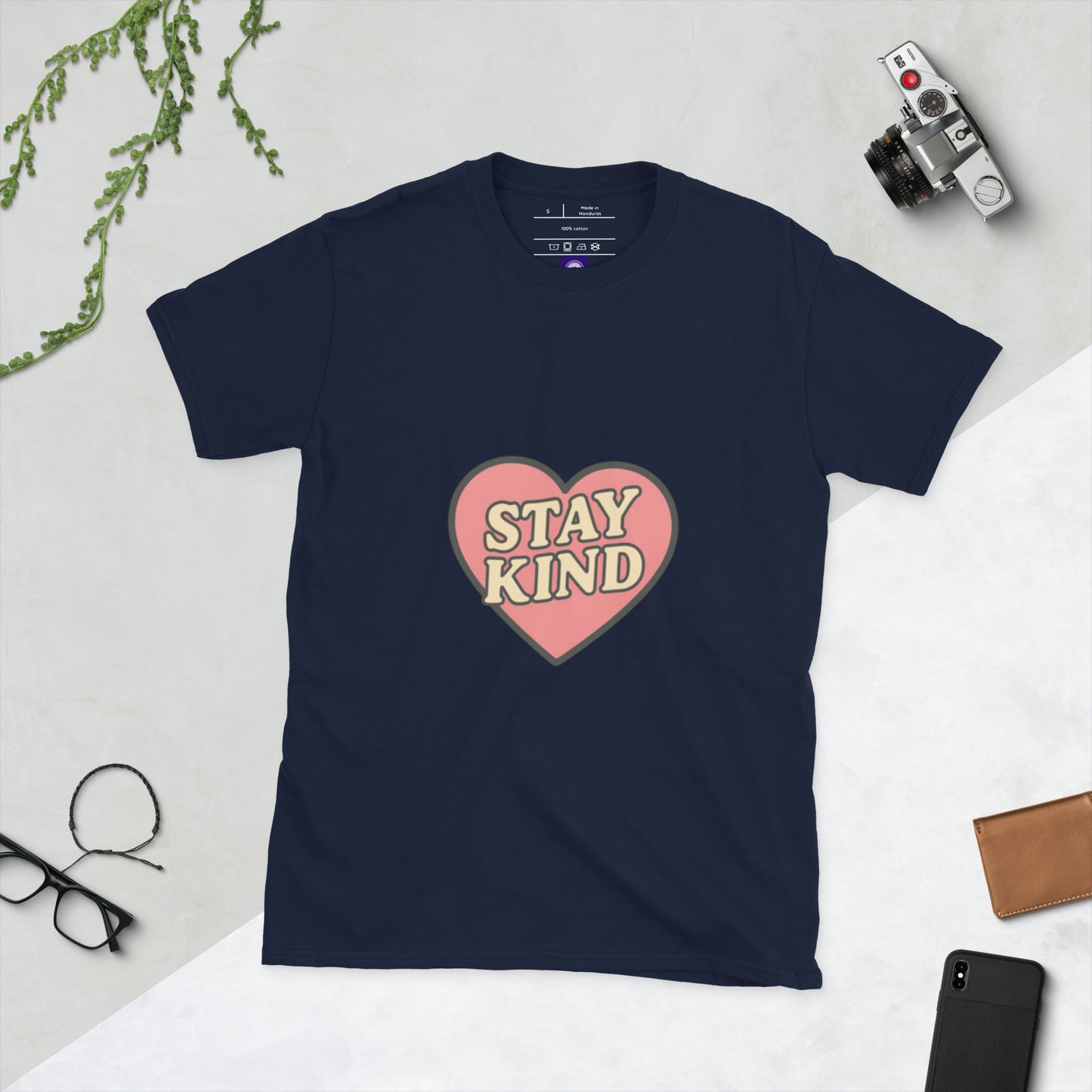 Stay Kind – Retro Heart Typography - Short-Sleeve Unisex T-Shirt - Graphic Tee - Navy - Front