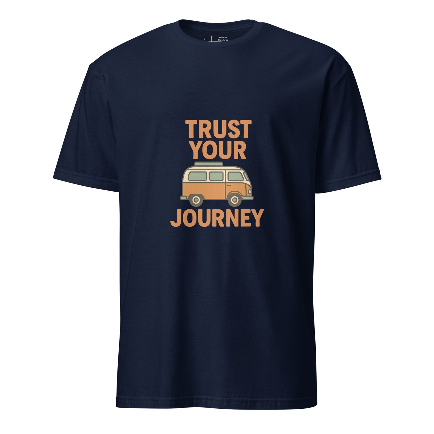 Trust Your Journey – Retro Camper Van - Short-Sleeve Unisex T-Shirt - Graphic Tee - Navy - Front