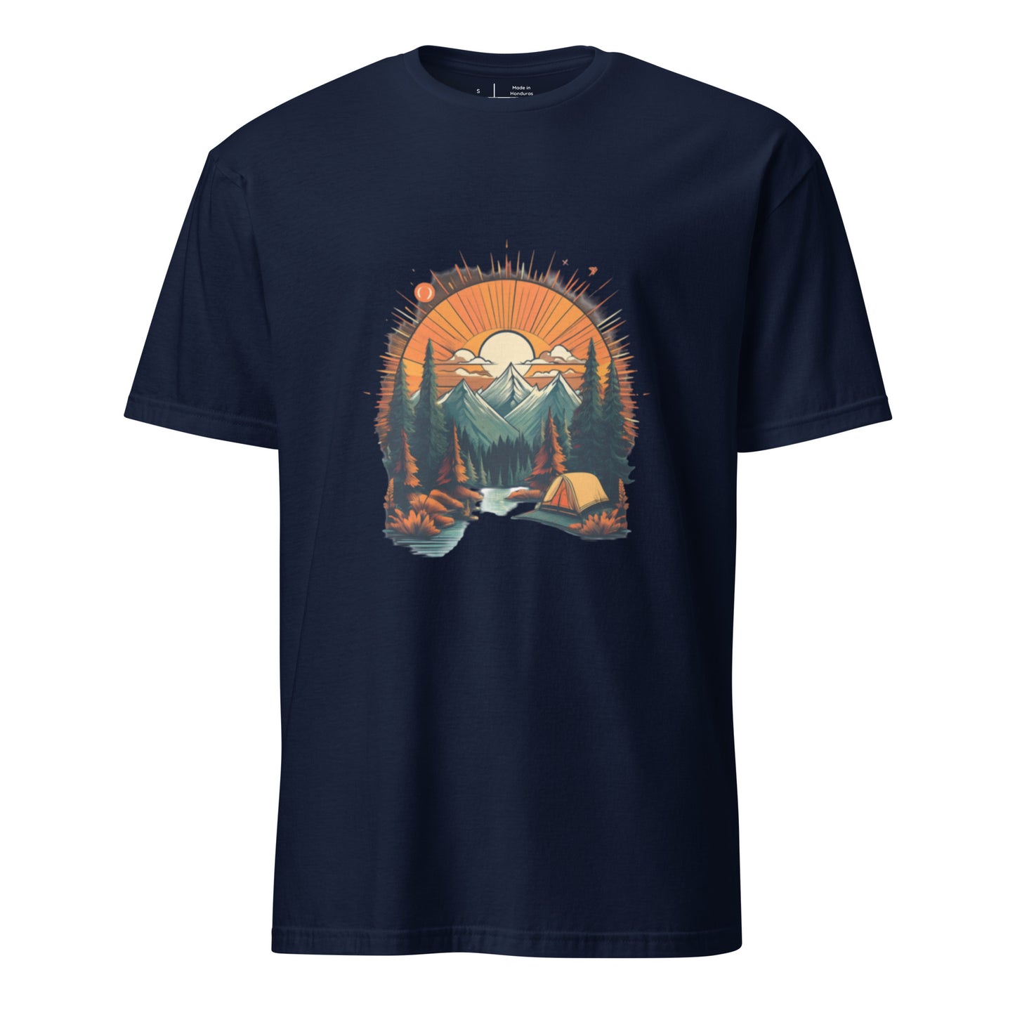 Golden Sunset Camping Escape – Adventure - Short-Sleeve Unisex T-Shirt - Graphic Tee - Navy - Front