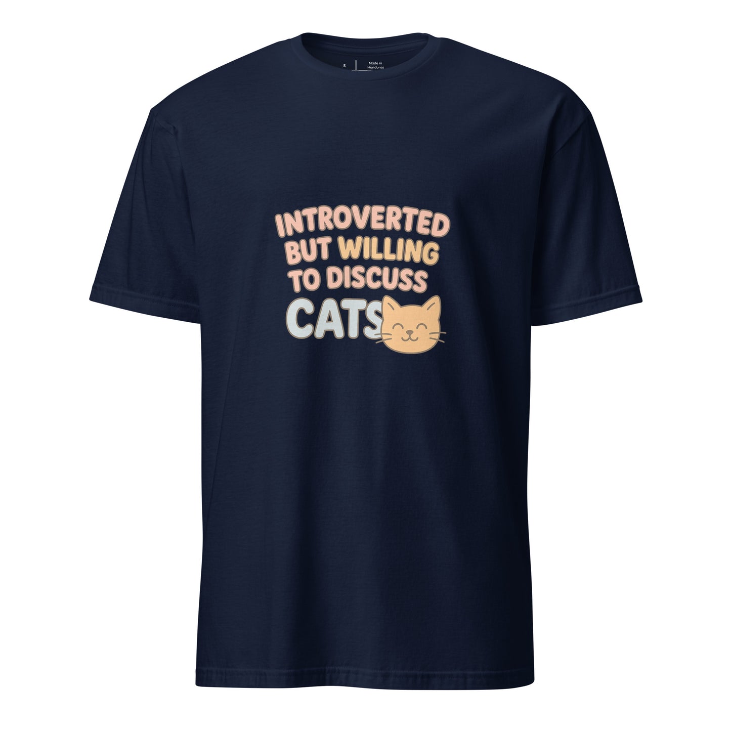 Introverted But Willing To Discuss Cats – Cozy Cat Lovers - Short-Sleeve Unisex T-Shirt - Graphic Tee - Navy - Front