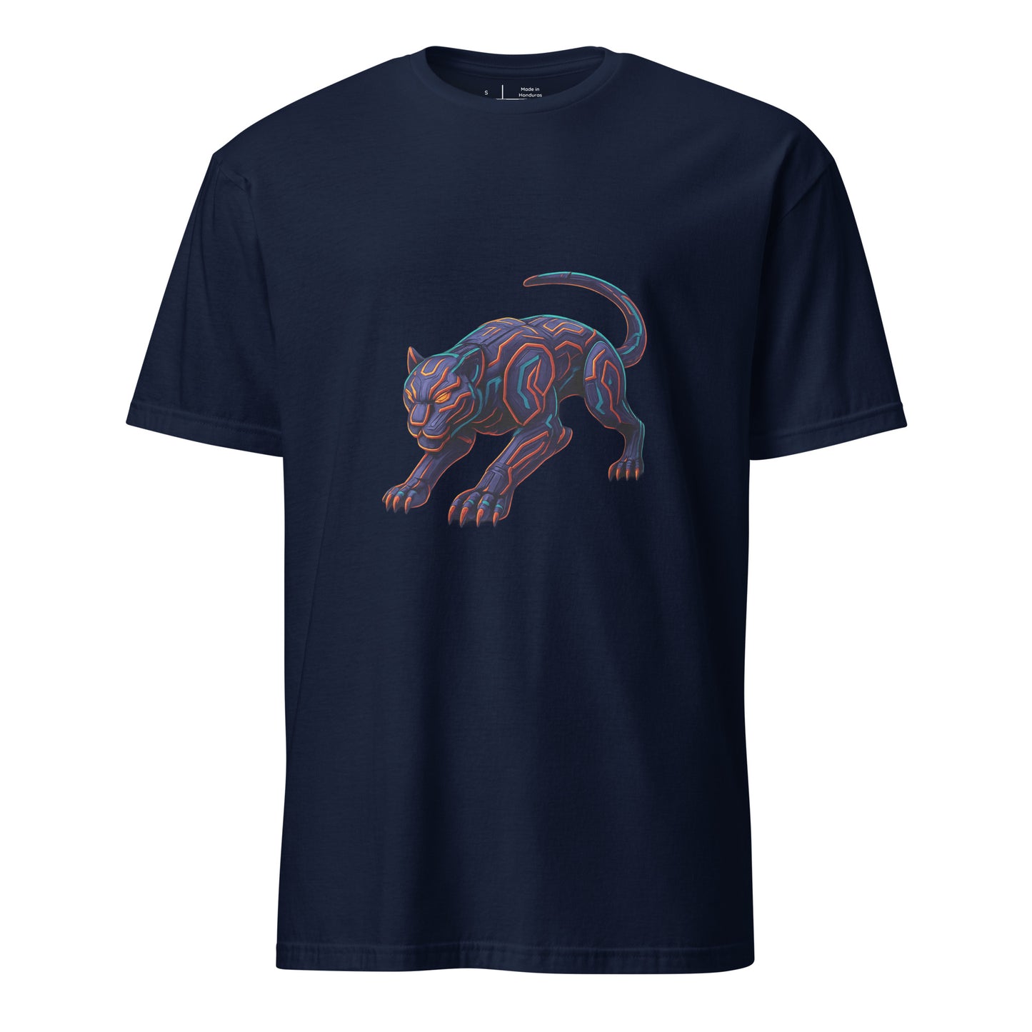 Cyber Jaguar – Neon Predator - Short-Sleeve Unisex T-Shirt - Graphic Tee - Navy - Front