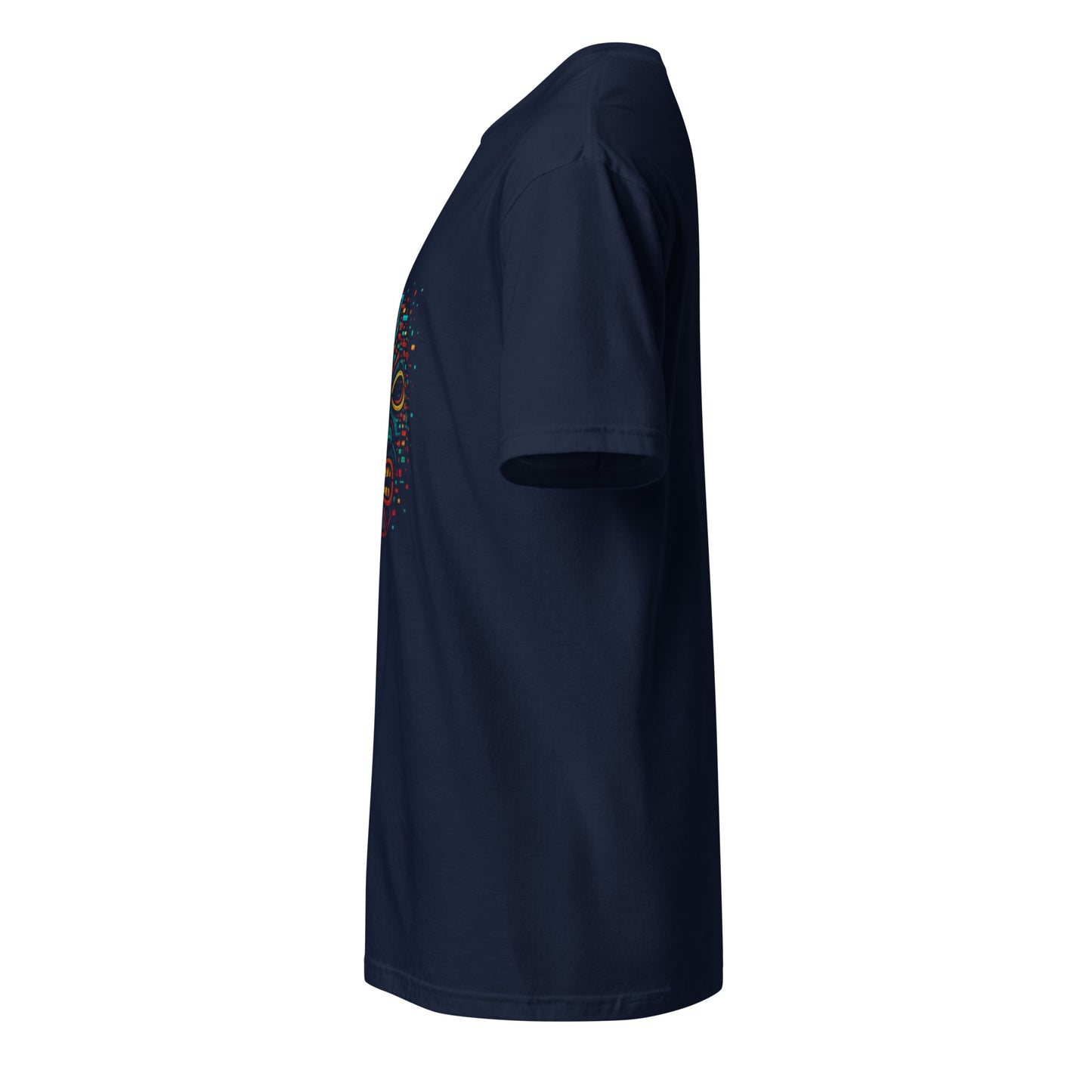 Glitch Totem Mask – Tribal Cyberpunk - Short-Sleeve Unisex T-Shirt - Graphic Tee - Navy - Left side
