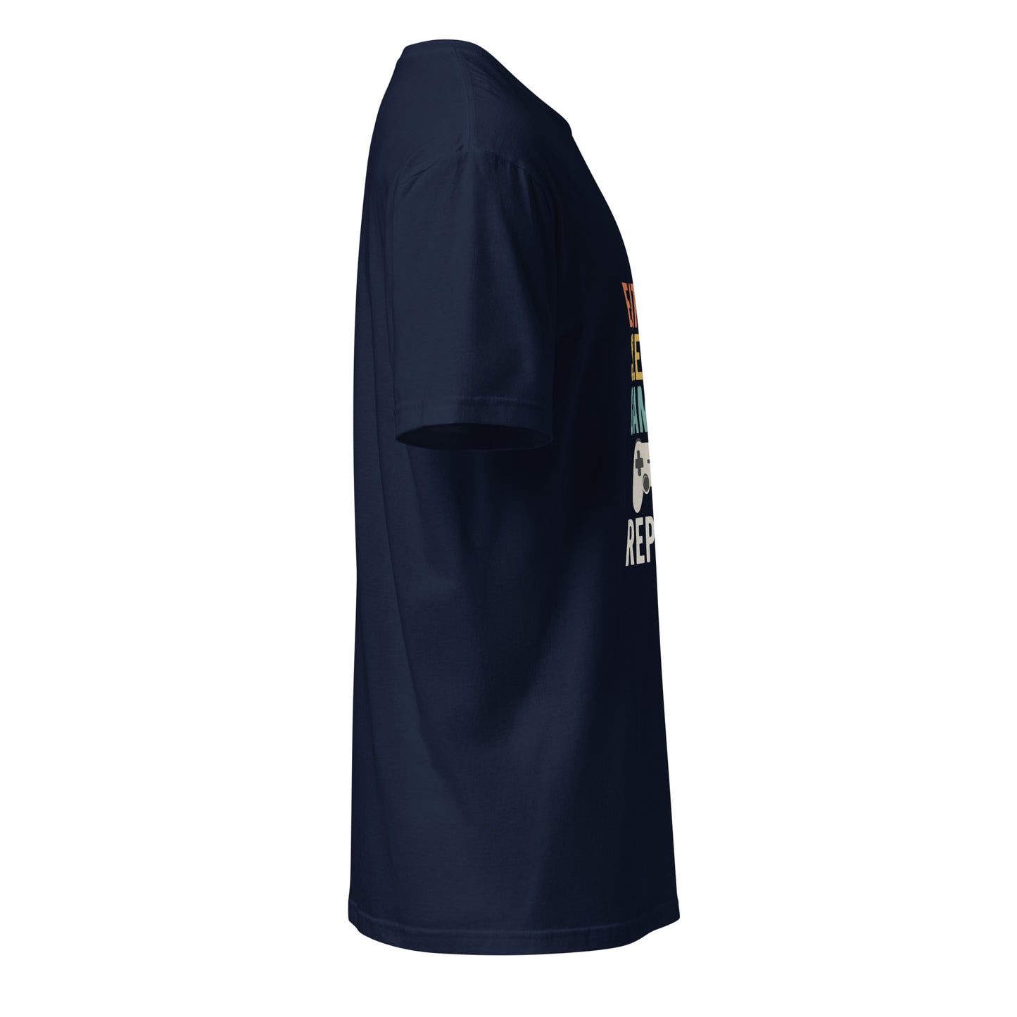 "Eat. Sleep. Game. Repeat." Retro Gamer - Short-Sleeve Unisex T-Shirt - Graphic Tee - Navy - Right side
