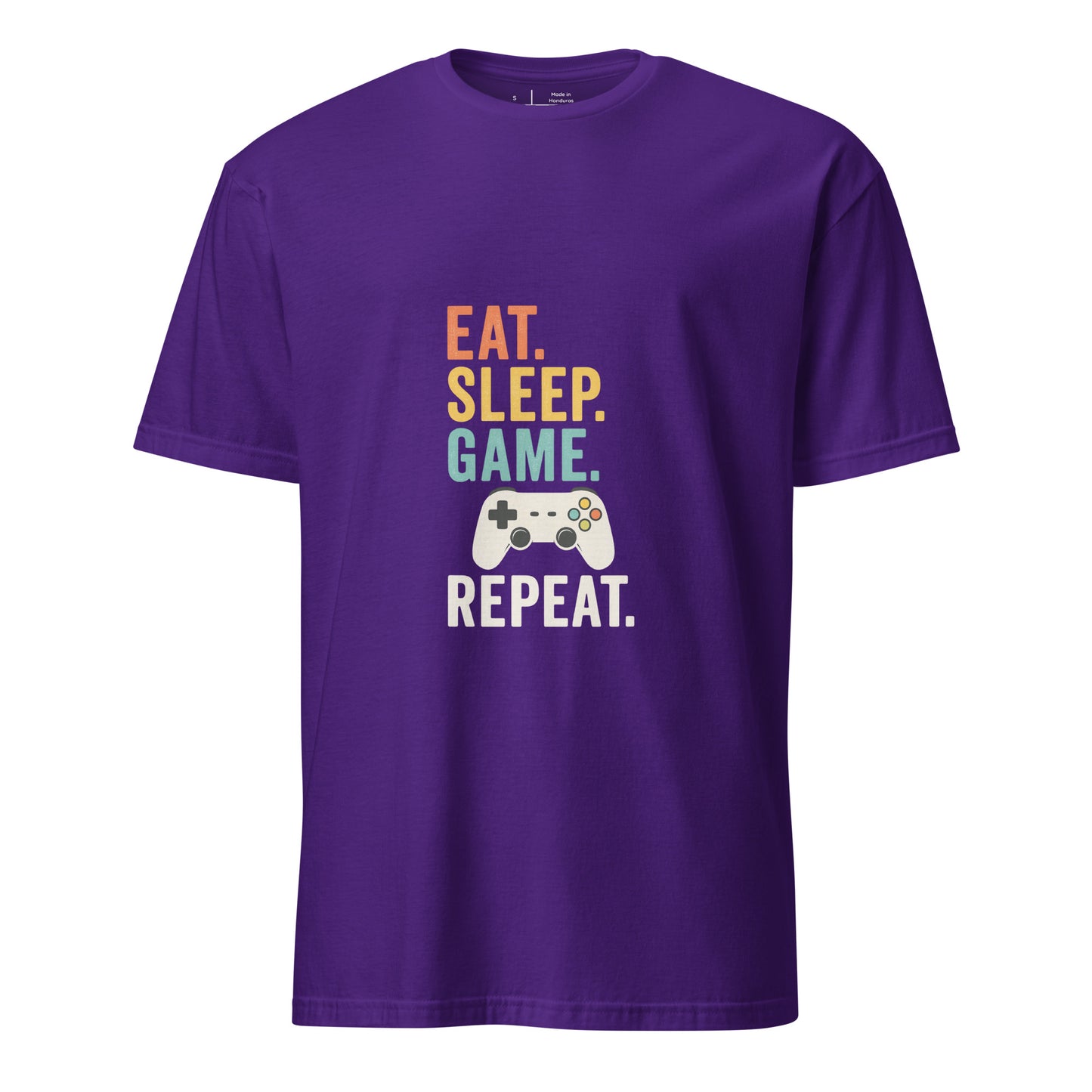 "Eat. Sleep. Game. Repeat." Retro Gamer - Short-Sleeve Unisex T-Shirt - Graphic Tee - Purple - Front