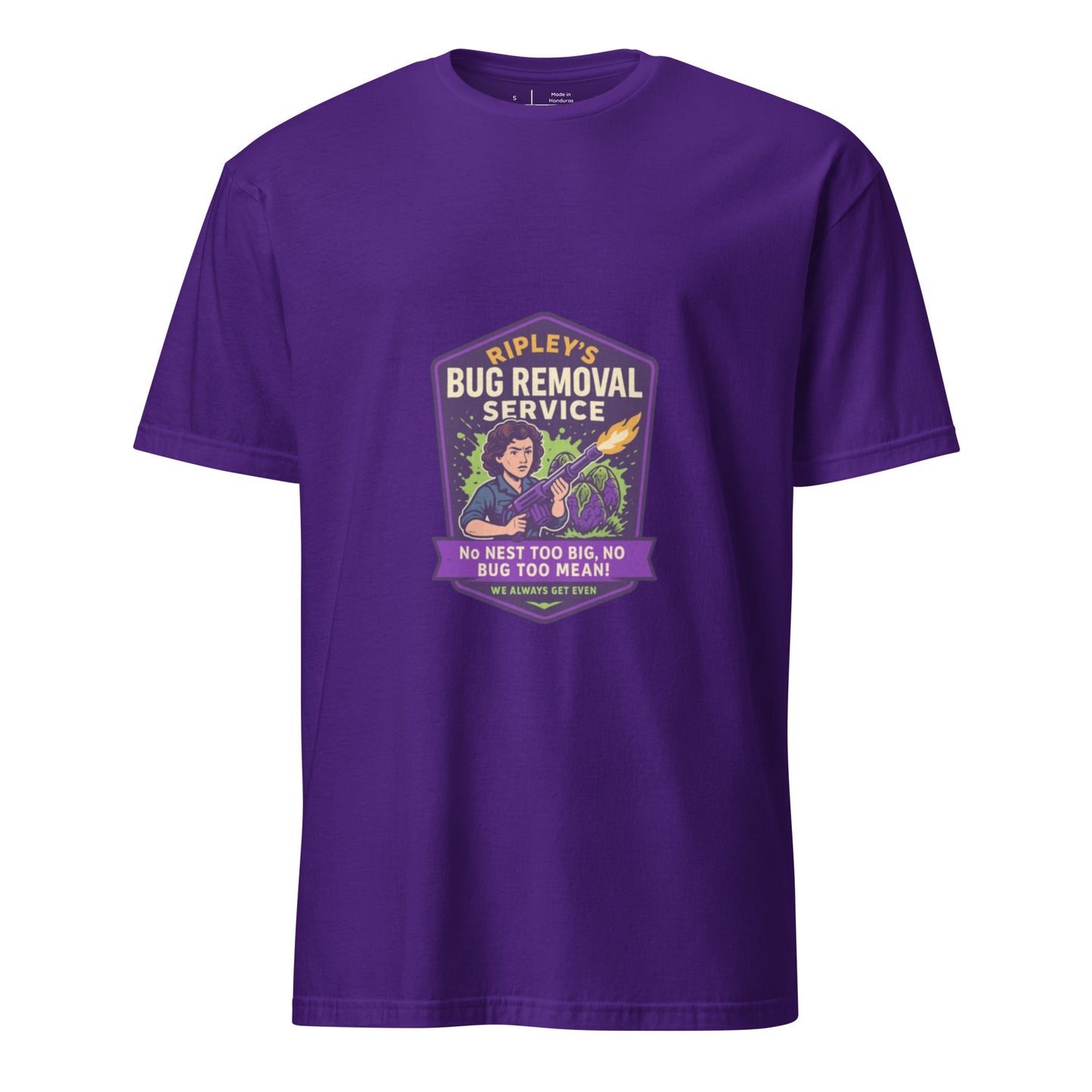 Ripley’s Bug Removal Service – Xenomorph Exterminator - Short-Sleeve Unisex T-Shirt - Graphic Tee - Purple - Front