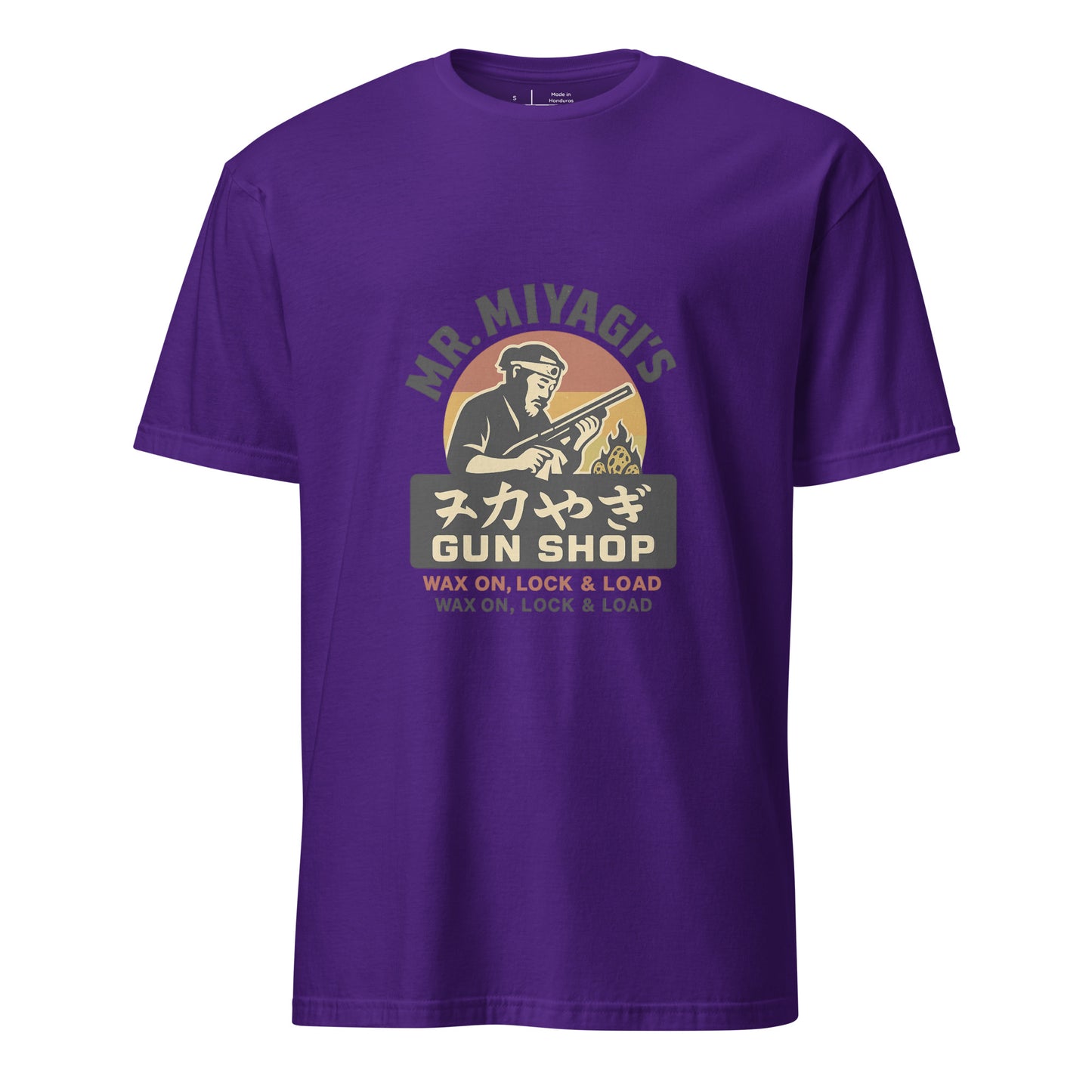 Mr. Miyagi’s Gun Shop – Wax On, Lock & Load - Short-Sleeve Unisex T-Shirt - Graphic Tee - Purple - Front