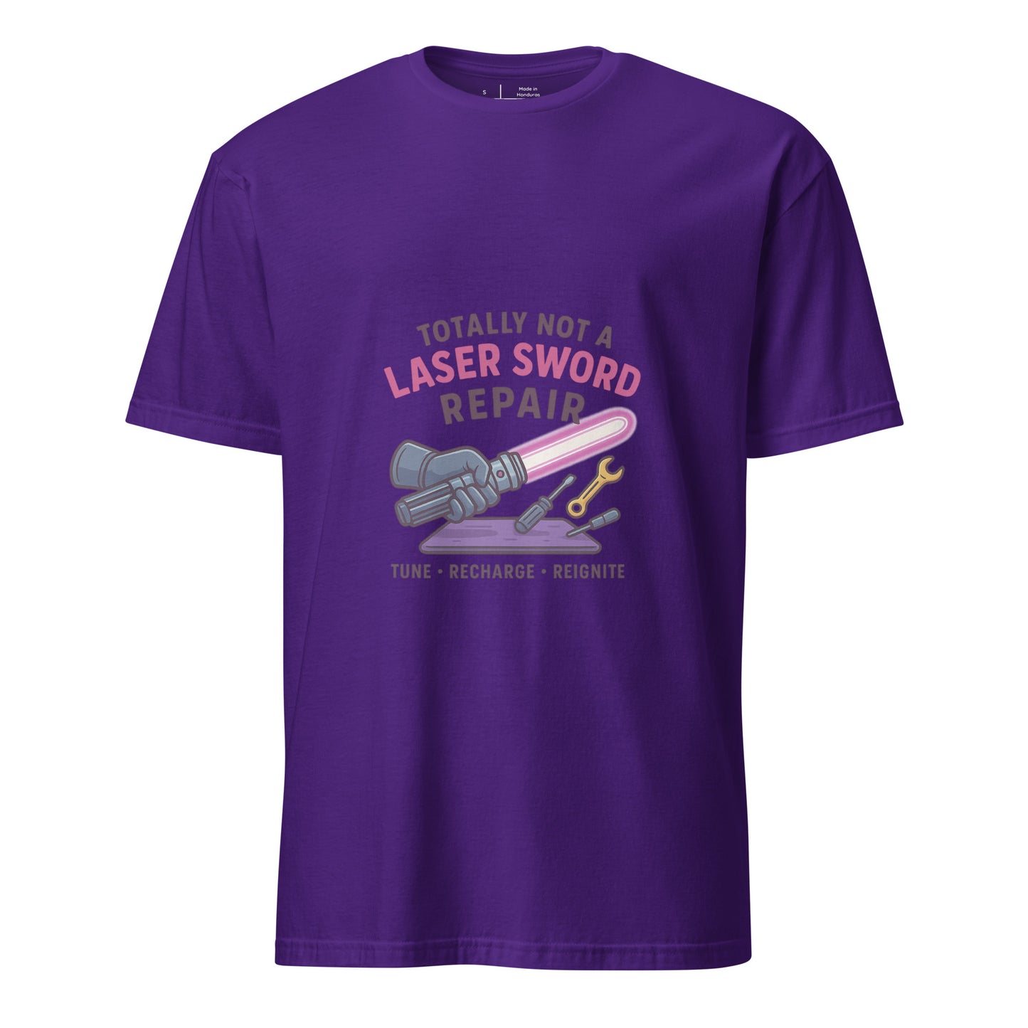 Totally Not A Laser Sword Repair – Galactic Fixes, Off The Books - Short-Sleeve Unisex T-Shirt - Graphic Tee -
Purple - Front
