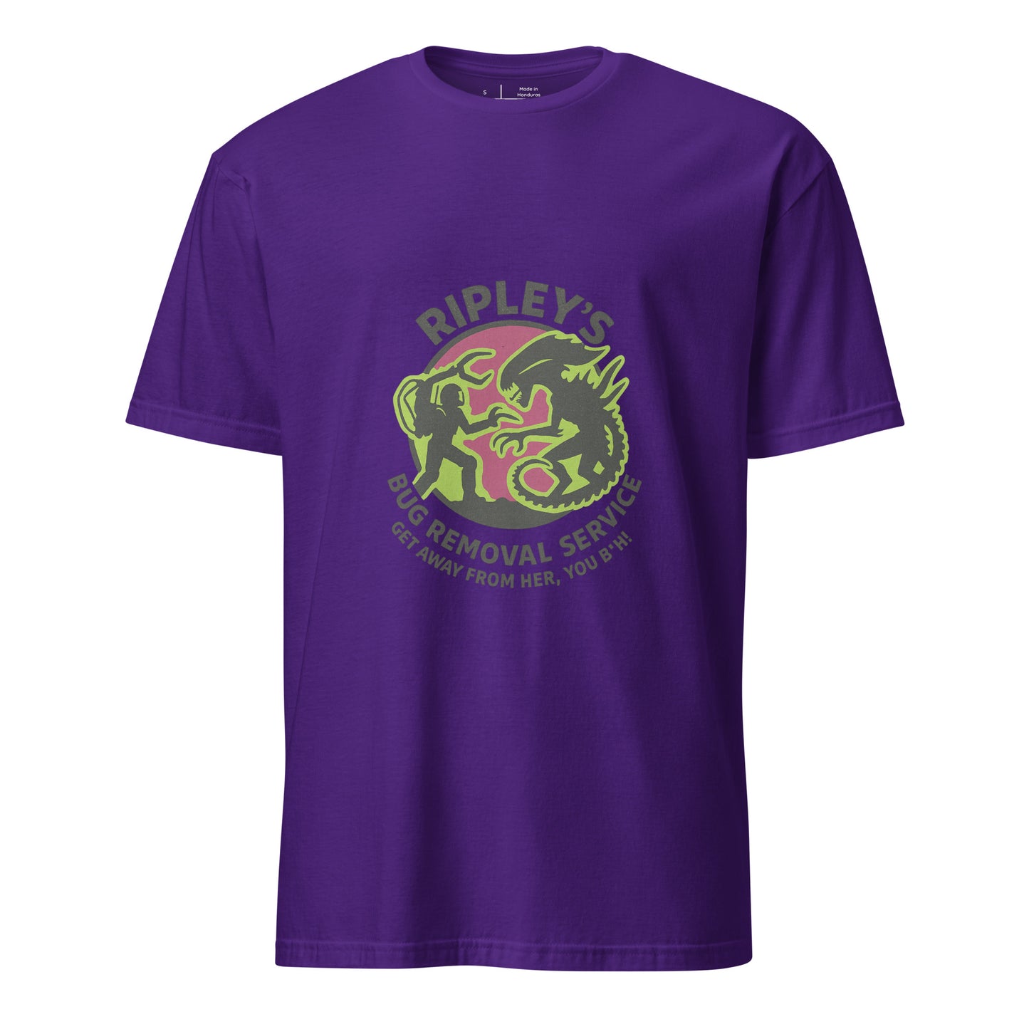 Ripley’s Bug Removal Service – Sci-Fi Parody - Short-Sleeve Unisex T-Shirt - Graphic Tee - Purple - Front
