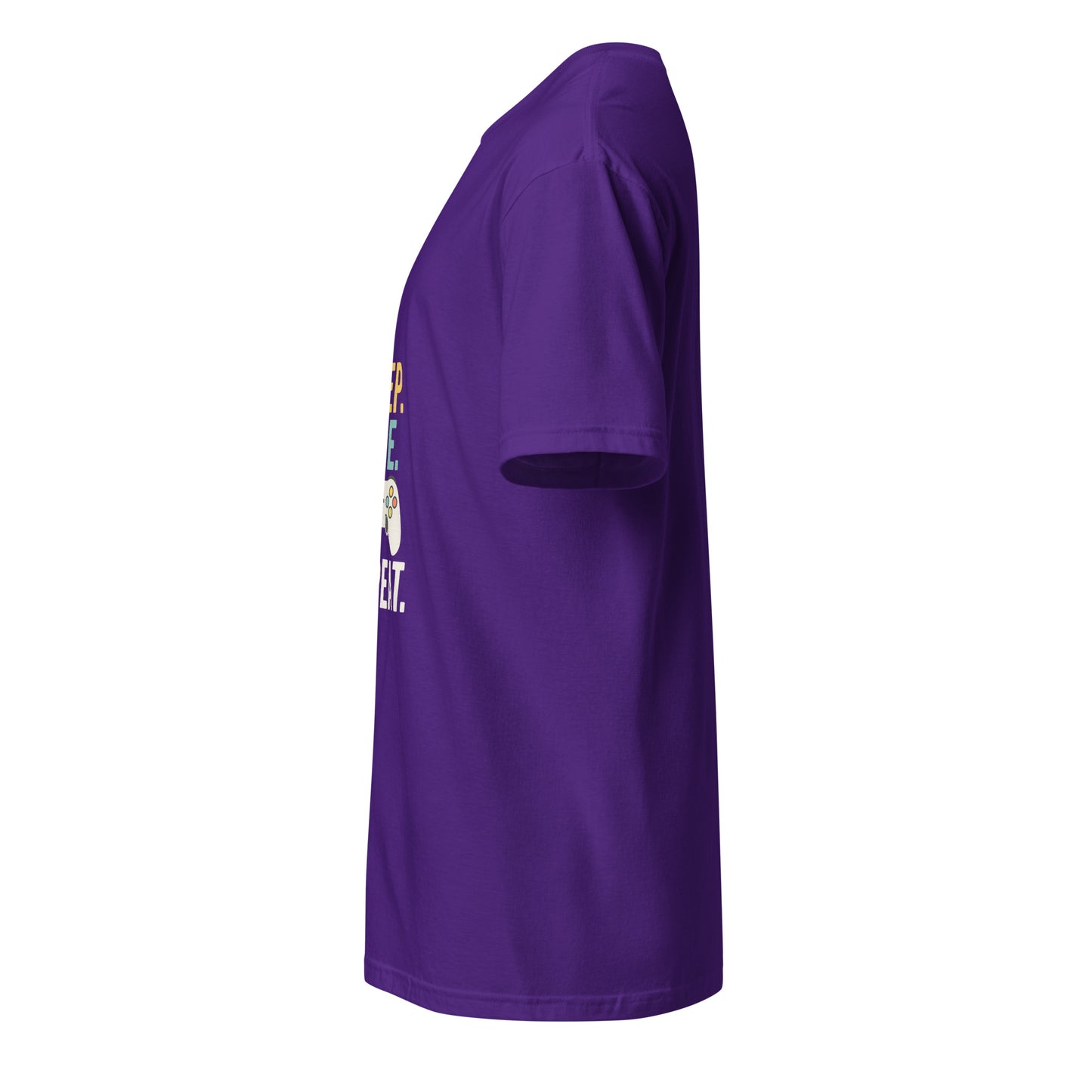 "Eat. Sleep. Game. Repeat." Retro Gamer - Short-Sleeve Unisex T-Shirt - Graphic Tee - Purple - Left side