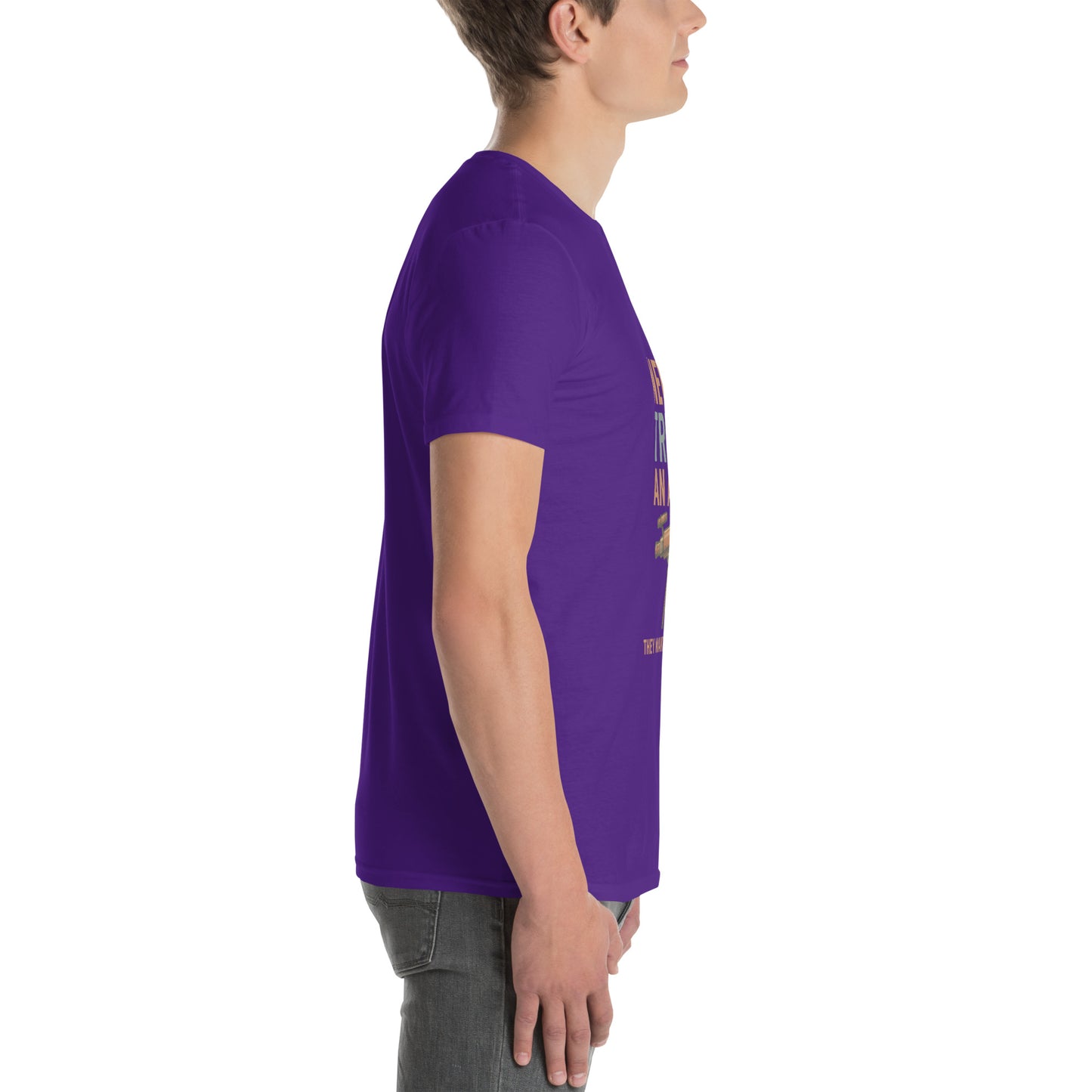 Never Trust An Atom - Science Joke - Short-Sleeve Unisex T-Shirt - Graphic Tee - Purple - Right side