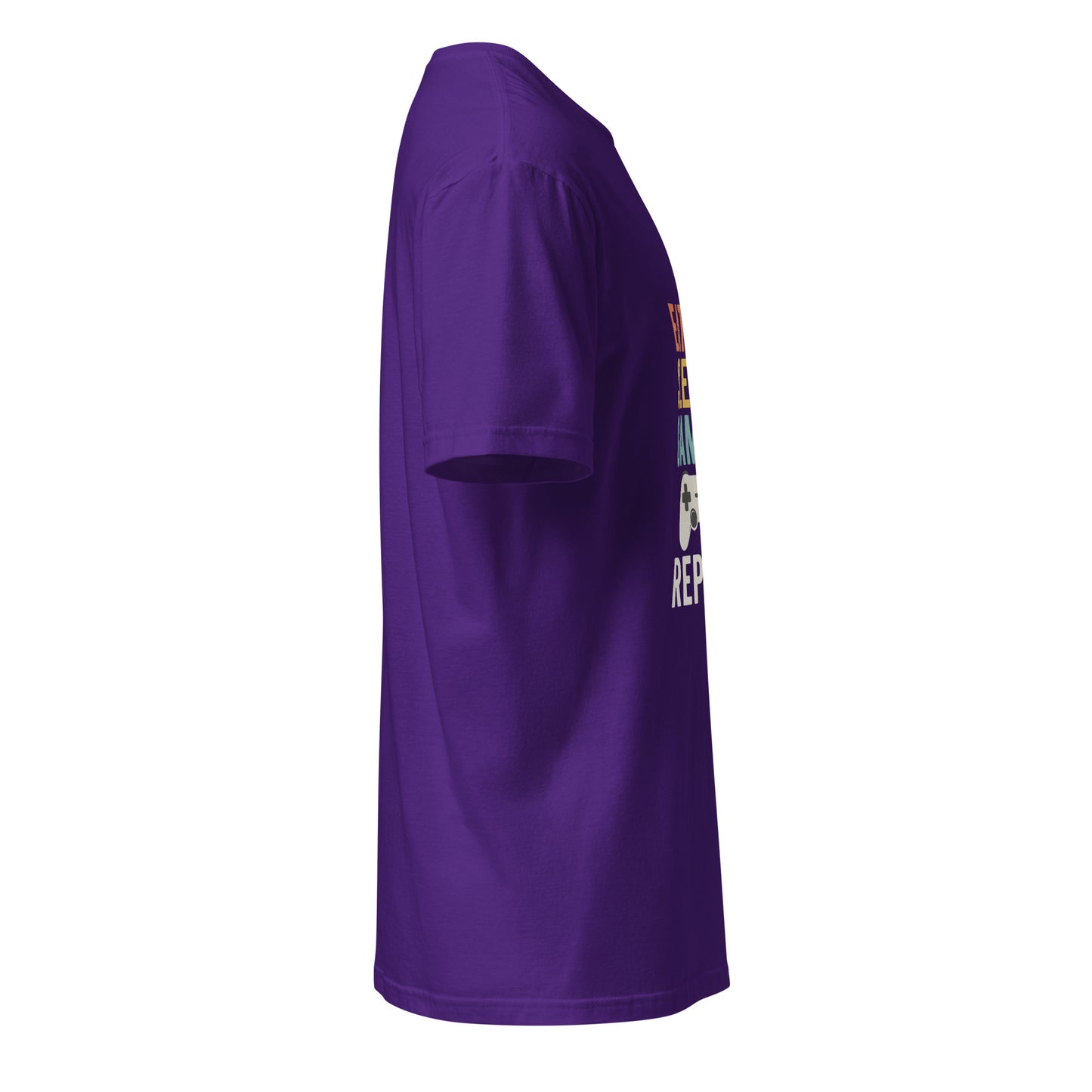 "Eat. Sleep. Game. Repeat." Retro Gamer - Short-Sleeve Unisex T-Shirt - Graphic Tee - Purple - Right side
