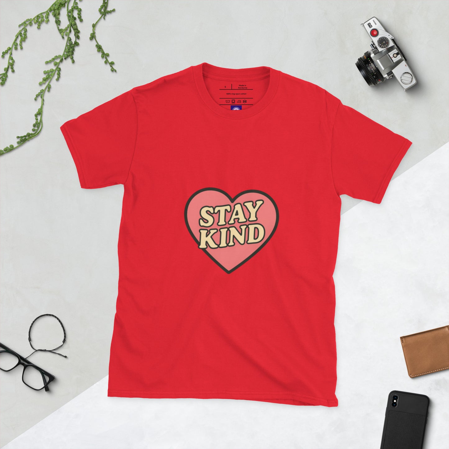 Stay Kind – Retro Heart Typography - Short-Sleeve Unisex T-Shirt - Graphic Tee - Red - Front