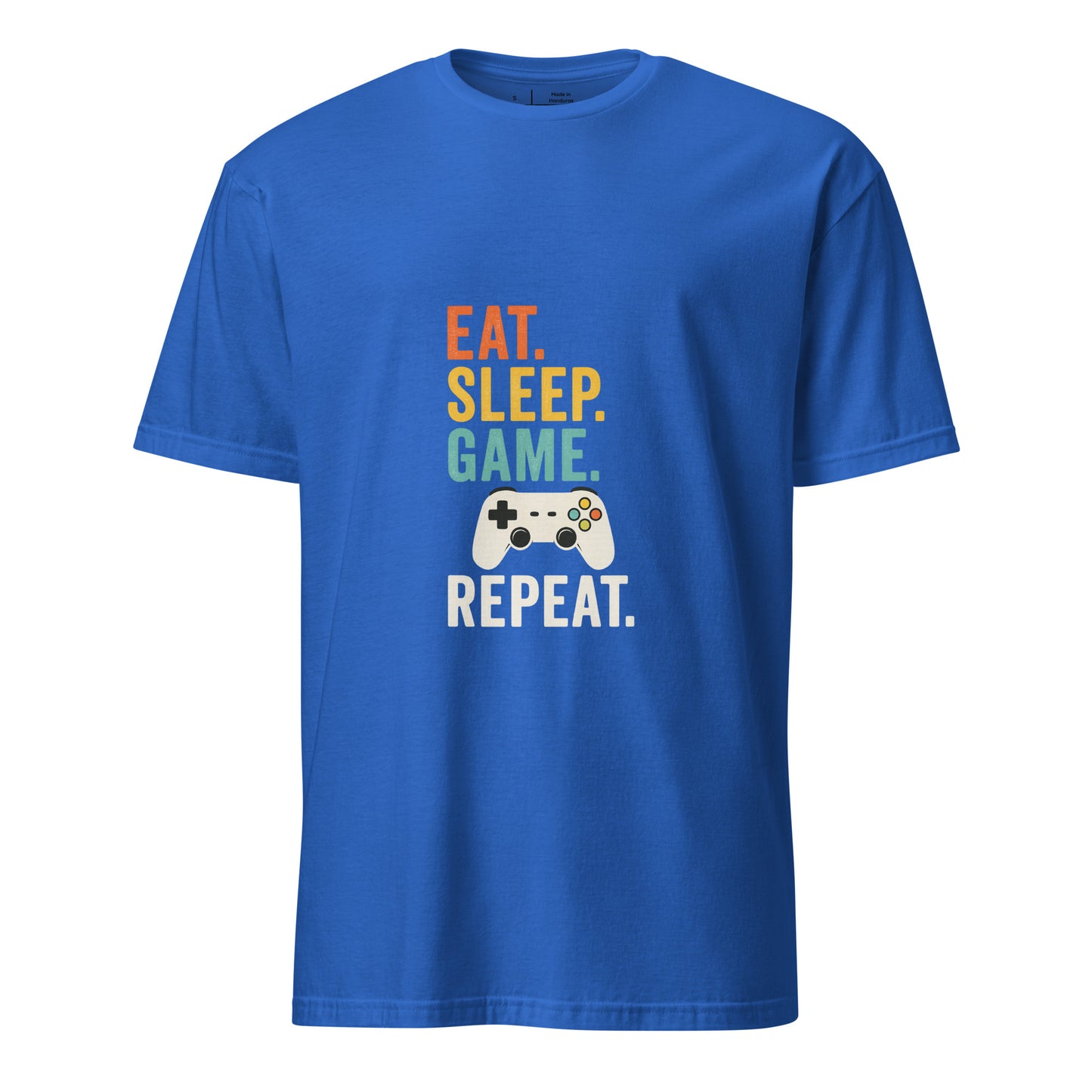 "Eat. Sleep. Game. Repeat." Retro Gamer - Short-Sleeve Unisex T-Shirt - Graphic Tee - Royal Blue - Front