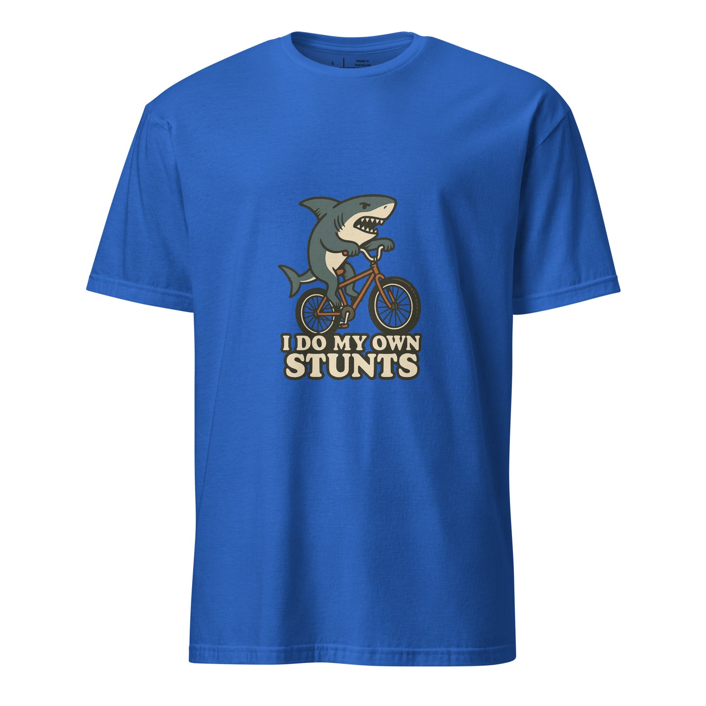 I Do My Own Stunts – Cartoon Shark BMX - Short-Sleeve Unisex T-Shirt - Graphic Tee - Royal Blue - Front