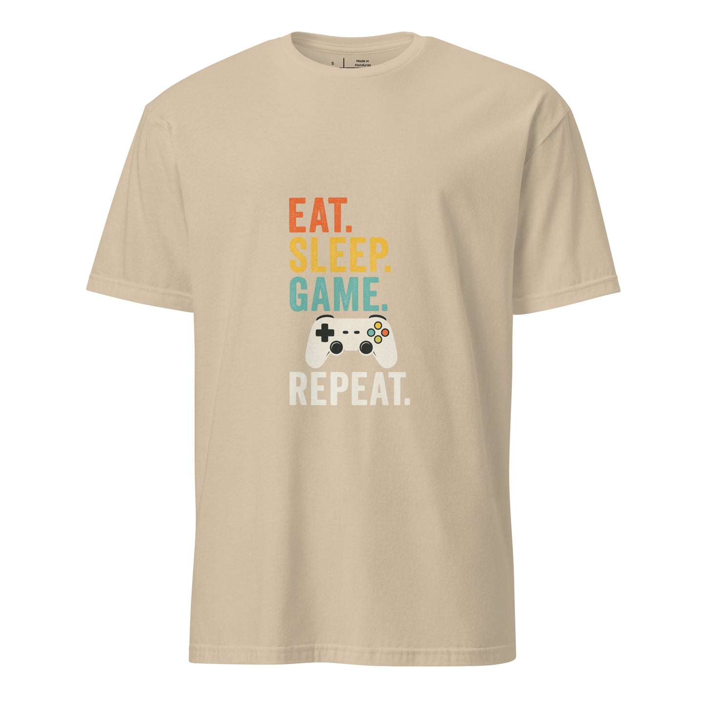 "Eat. Sleep. Game. Repeat." Retro Gamer - Short-Sleeve Unisex T-Shirt - Graphic Tee - Sand - Front