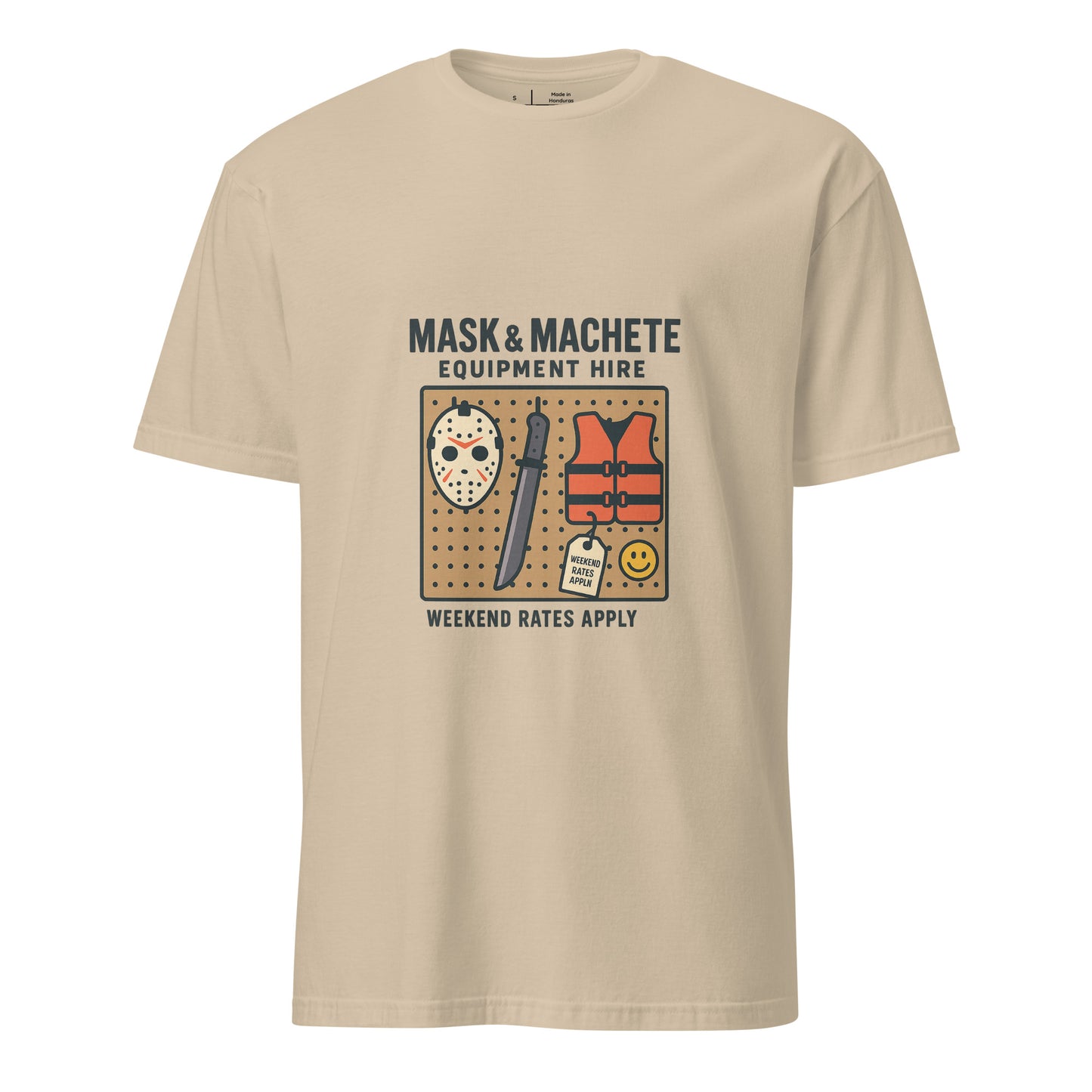 Mask & Machete Equipment Hire – For All Your Slasher Needs - Short-Sleeve Unisex T-Shirt - Graphic Tee - Sand - Front