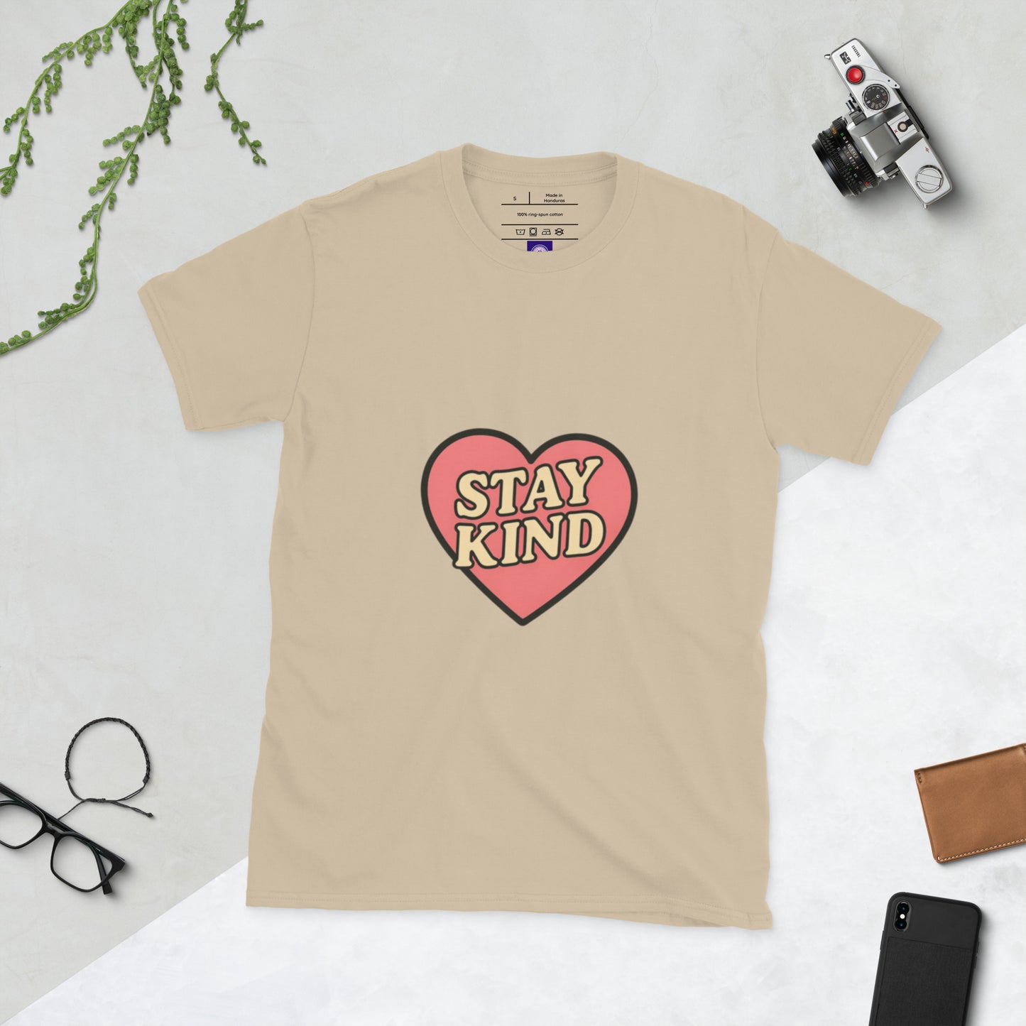 Stay Kind – Retro Heart Typography - Short-Sleeve Unisex T-Shirt - Graphic Tee - Sand - Front