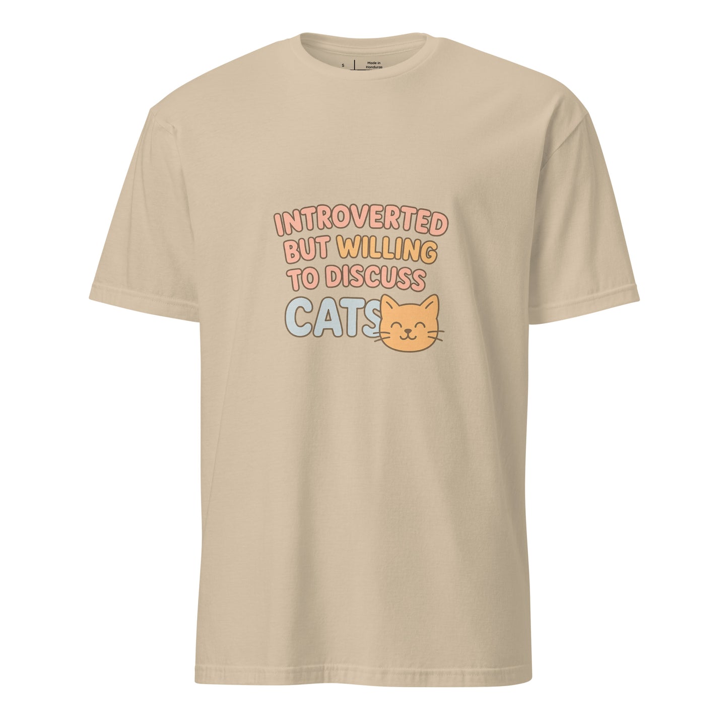 Introverted But Willing To Discuss Cats – Cozy Cat Lovers - Short-Sleeve Unisex T-Shirt - Graphic Tee - Sand - Front