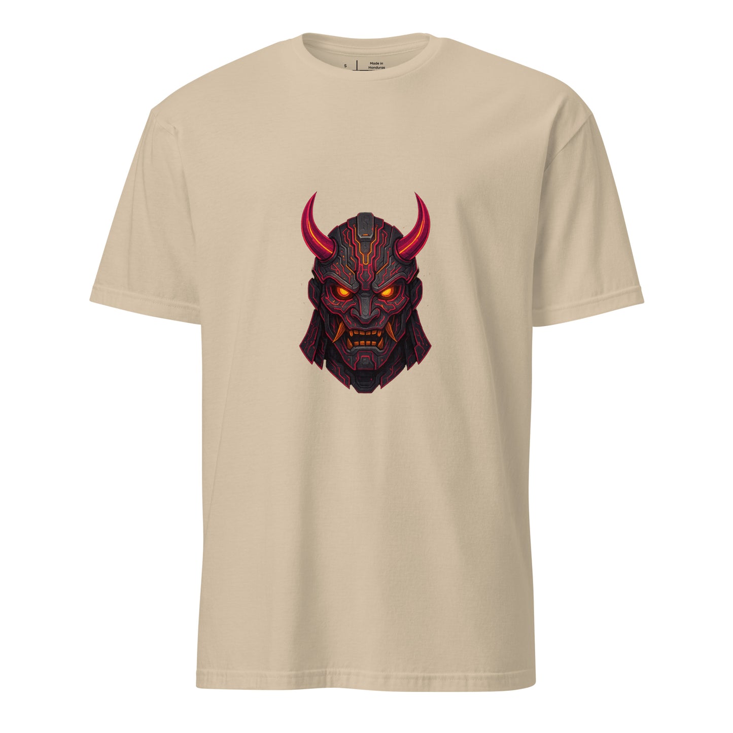 Galactic Samurai Mask – Cyber Oni - Short-Sleeve Unisex T-Shirt - Graphic Tee - Sand - Front