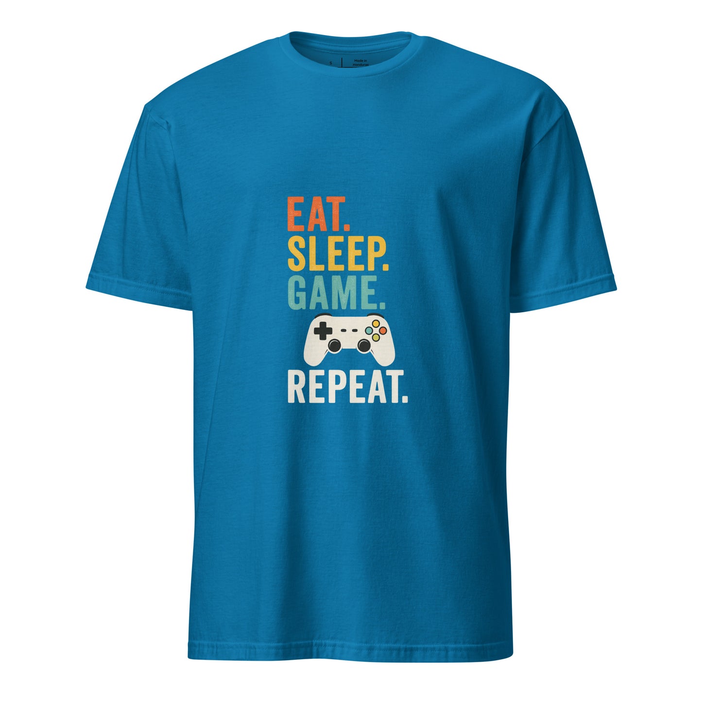 "Eat. Sleep. Game. Repeat." Retro Gamer - Short-Sleeve Unisex T-Shirt - Graphic Tee - Sapphire - Front