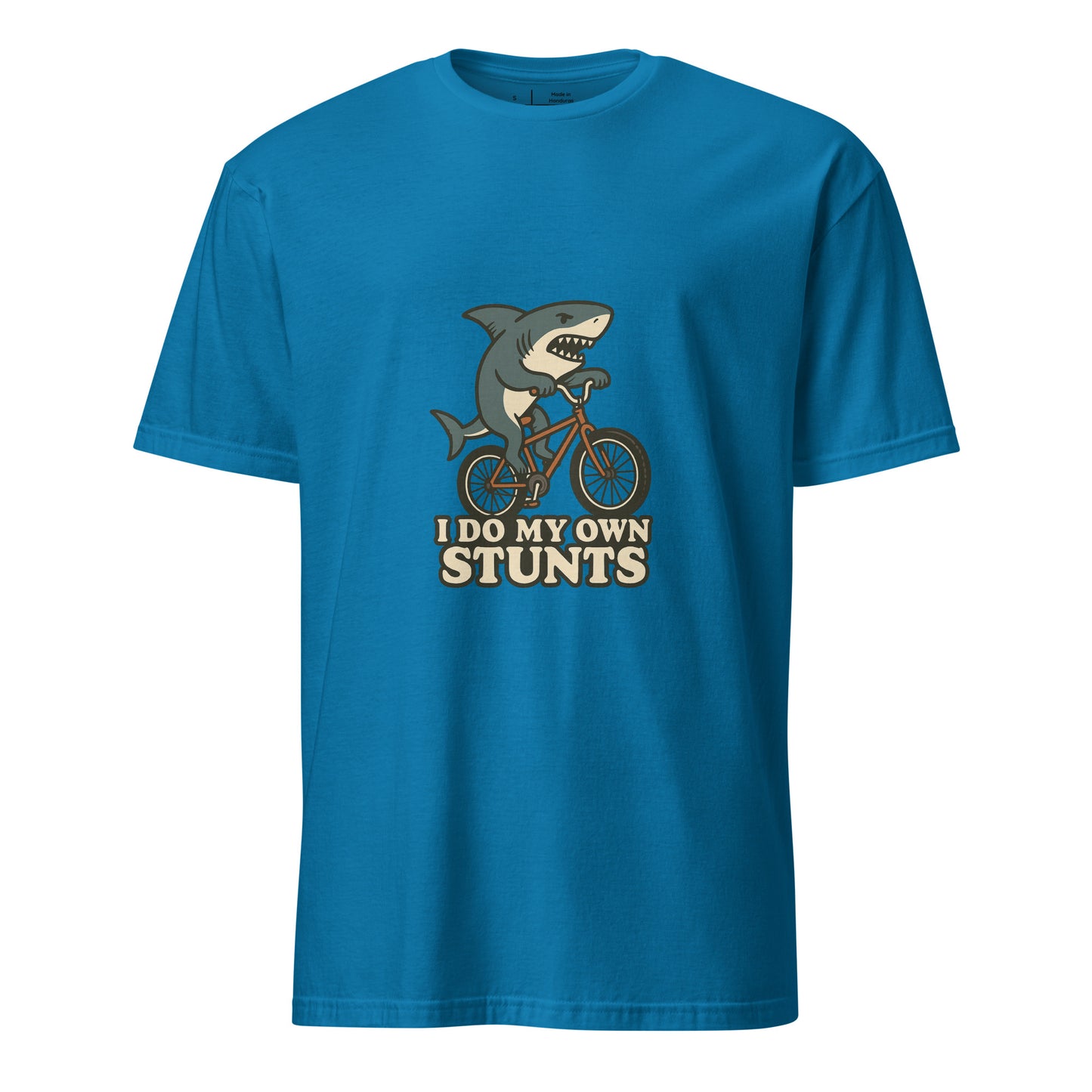 I Do My Own Stunts – Cartoon Shark BMX - Short-Sleeve Unisex T-Shirt - Graphic Tee - Sapphire - Front