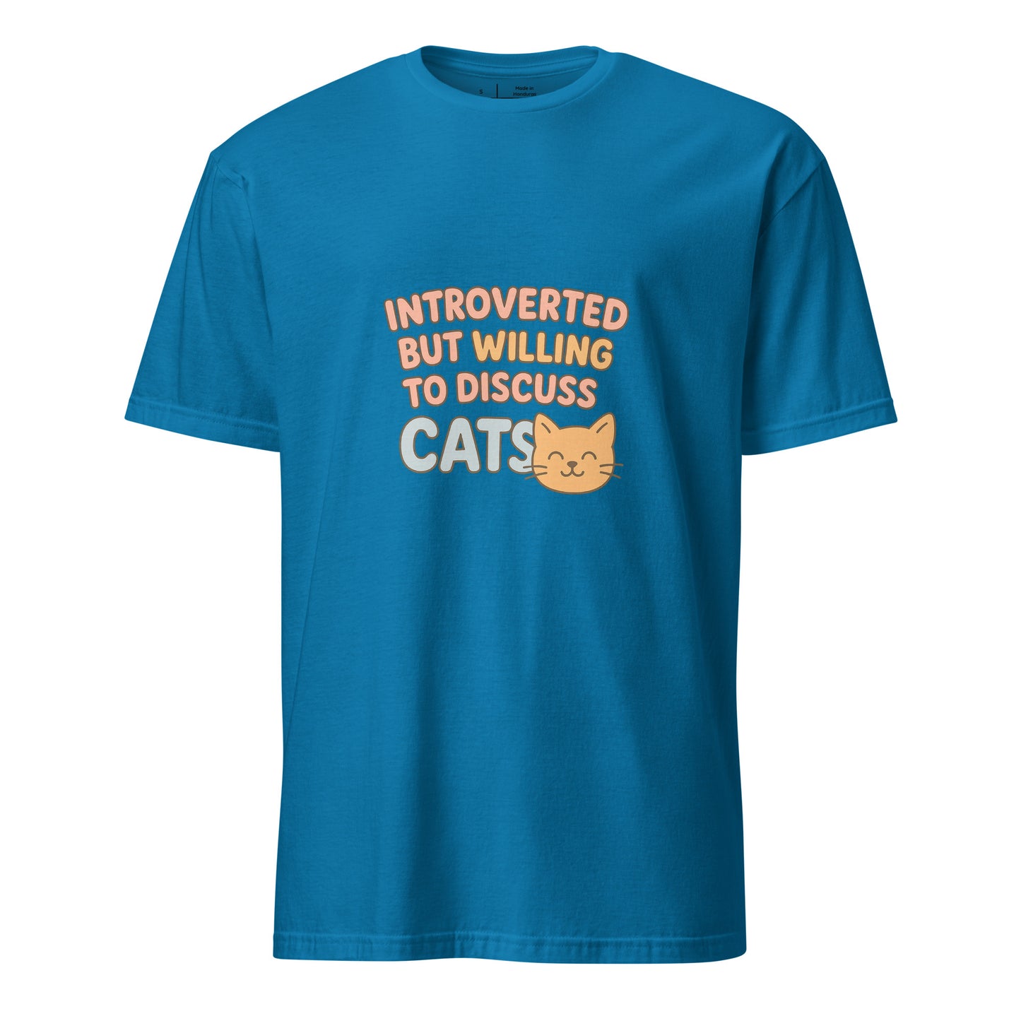 Introverted But Willing To Discuss Cats – Cozy Cat Lovers - Short-Sleeve Unisex T-Shirt - Graphic Tee - Sapphire - Front
