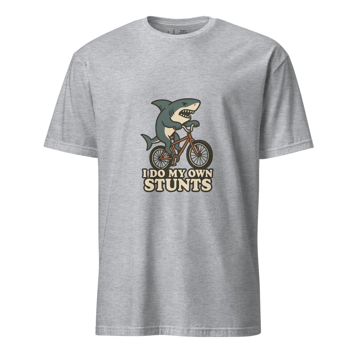 I Do My Own Stunts – Cartoon Shark BMX - Short-Sleeve Unisex T-Shirt - Graphic Tee - Sport Grey - Front