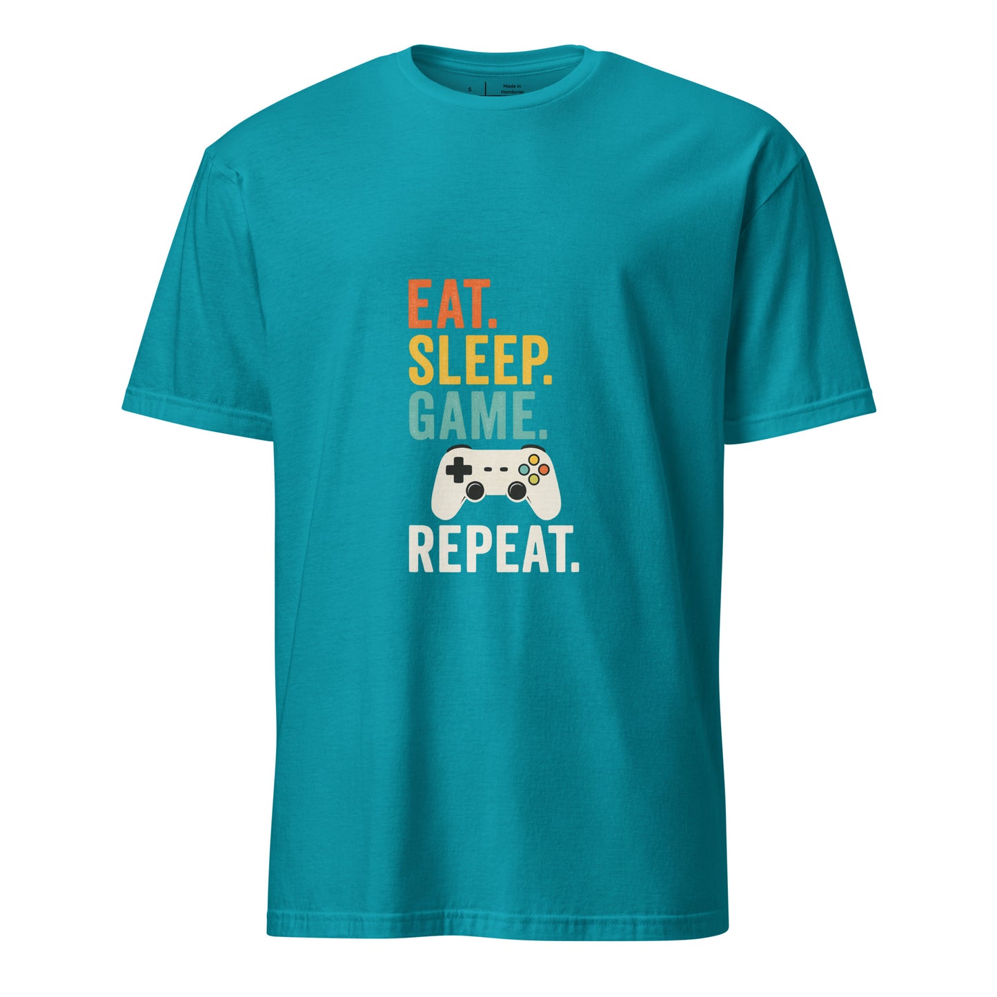 "Eat. Sleep. Game. Repeat." Retro Gamer - Short-Sleeve Unisex T-Shirt - Graphic Tee - Tropical Blue- Front