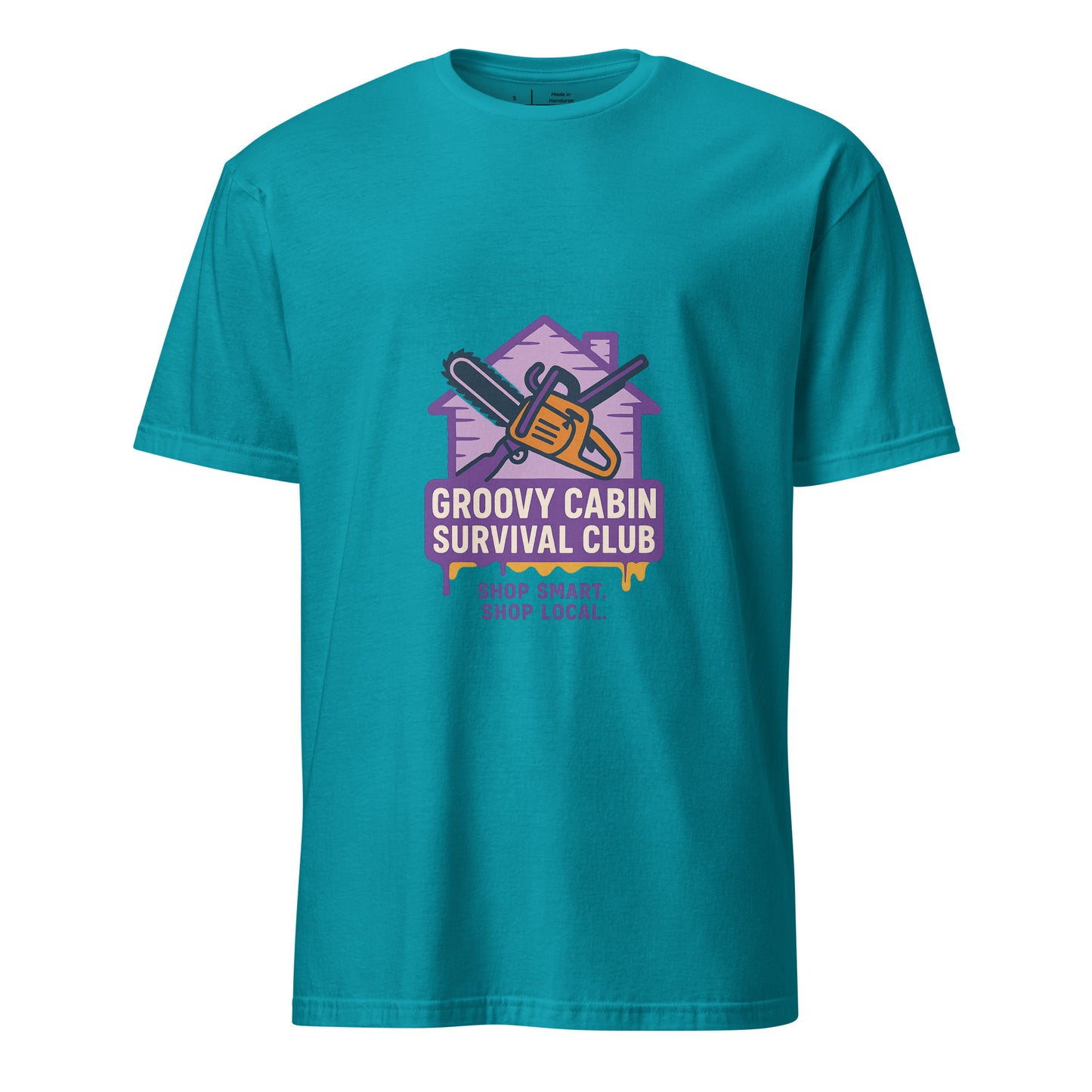 Groovy Cabin- Retro Horror Vibes - Short-Sleeve Unisex T-Shirt - Graphic Tee - Tropical Blue - Front