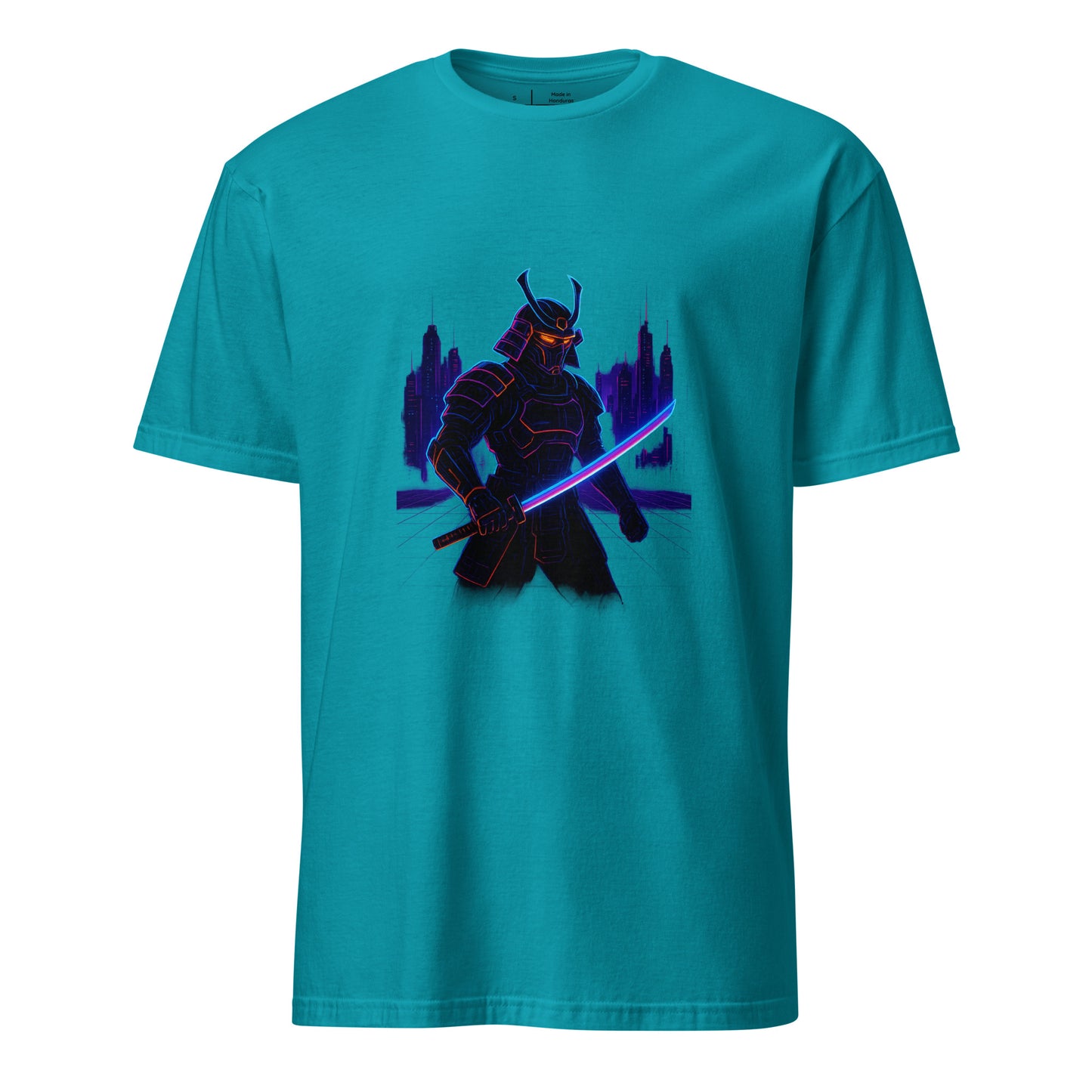 Neon Samurai - Cyberpunk Samurai - Short-Sleeve Unisex T-Shirt - Graphic Tee - Tropical Blue - Front