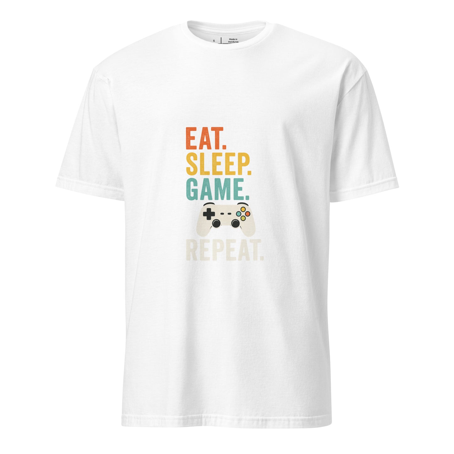 "Eat. Sleep. Game. Repeat." Retro Gamer - Short-Sleeve Unisex T-Shirt - Graphic Tee - White - Front