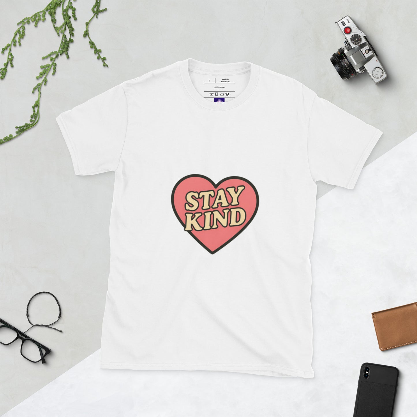 Stay Kind – Retro Heart Typography - Short-Sleeve Unisex T-Shirt - Graphic Tee - White - Front