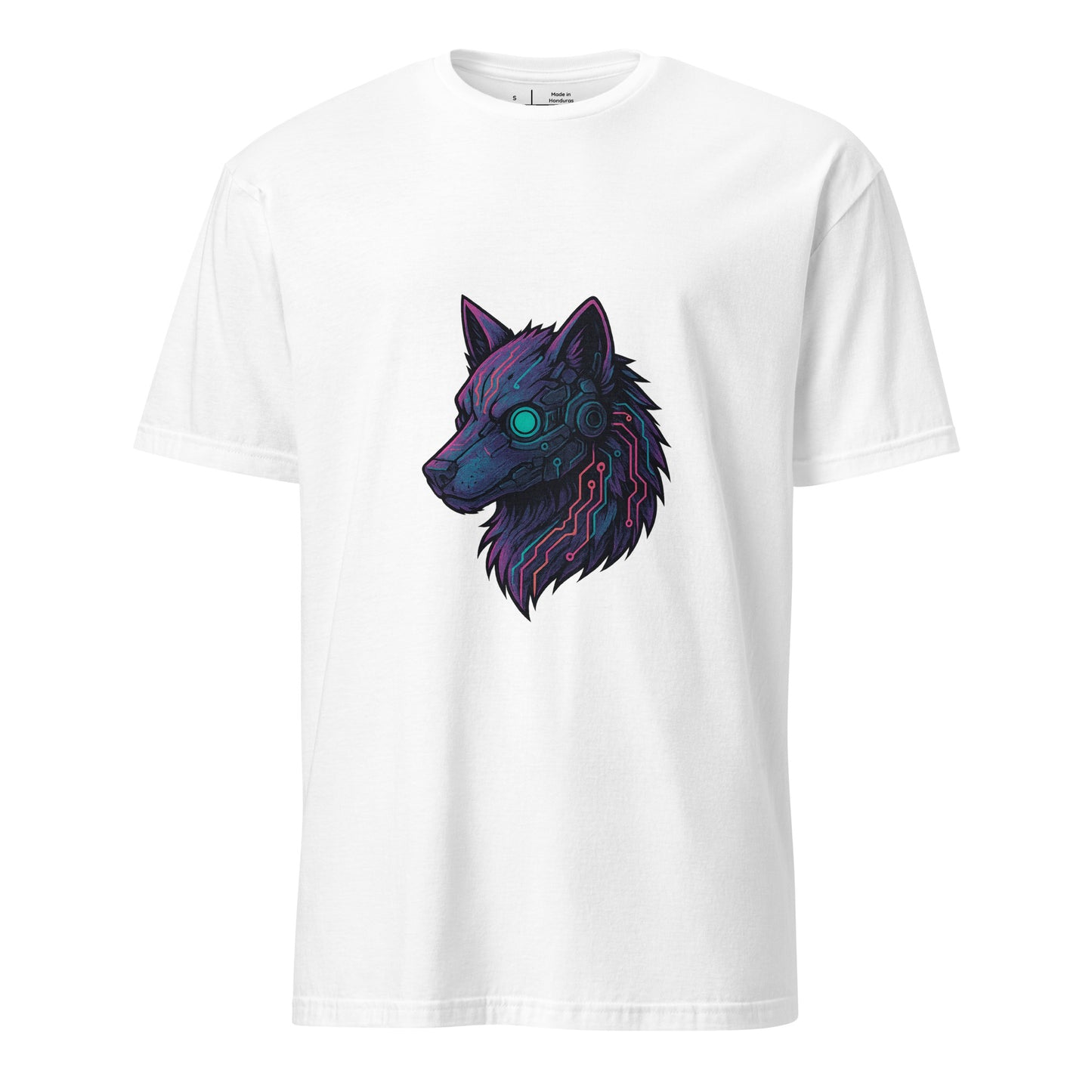 Cyber Wolf – Neon Sentinel - Short-Sleeve Unisex T-Shirt - Graphic Tee - White - Front