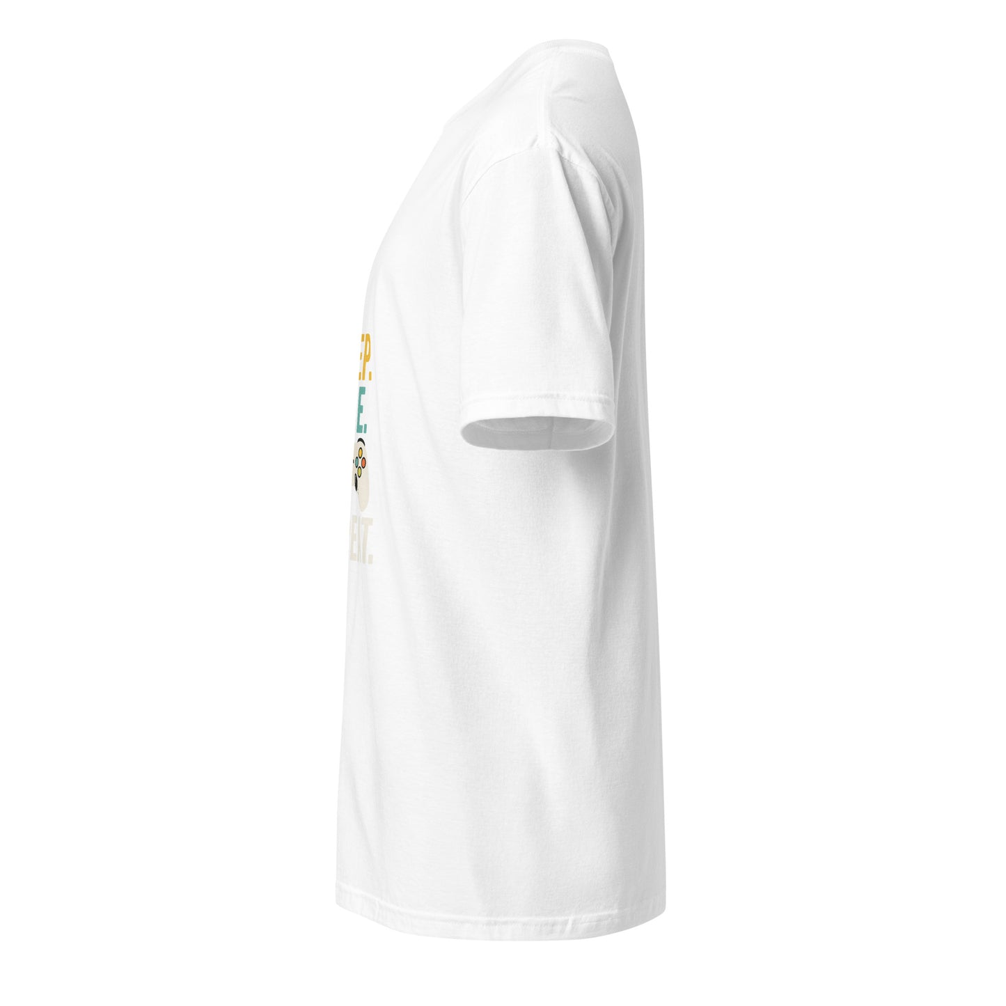"Eat. Sleep. Game. Repeat." Retro Gamer - Short-Sleeve Unisex T-Shirt - Graphic Tee - White - Left side