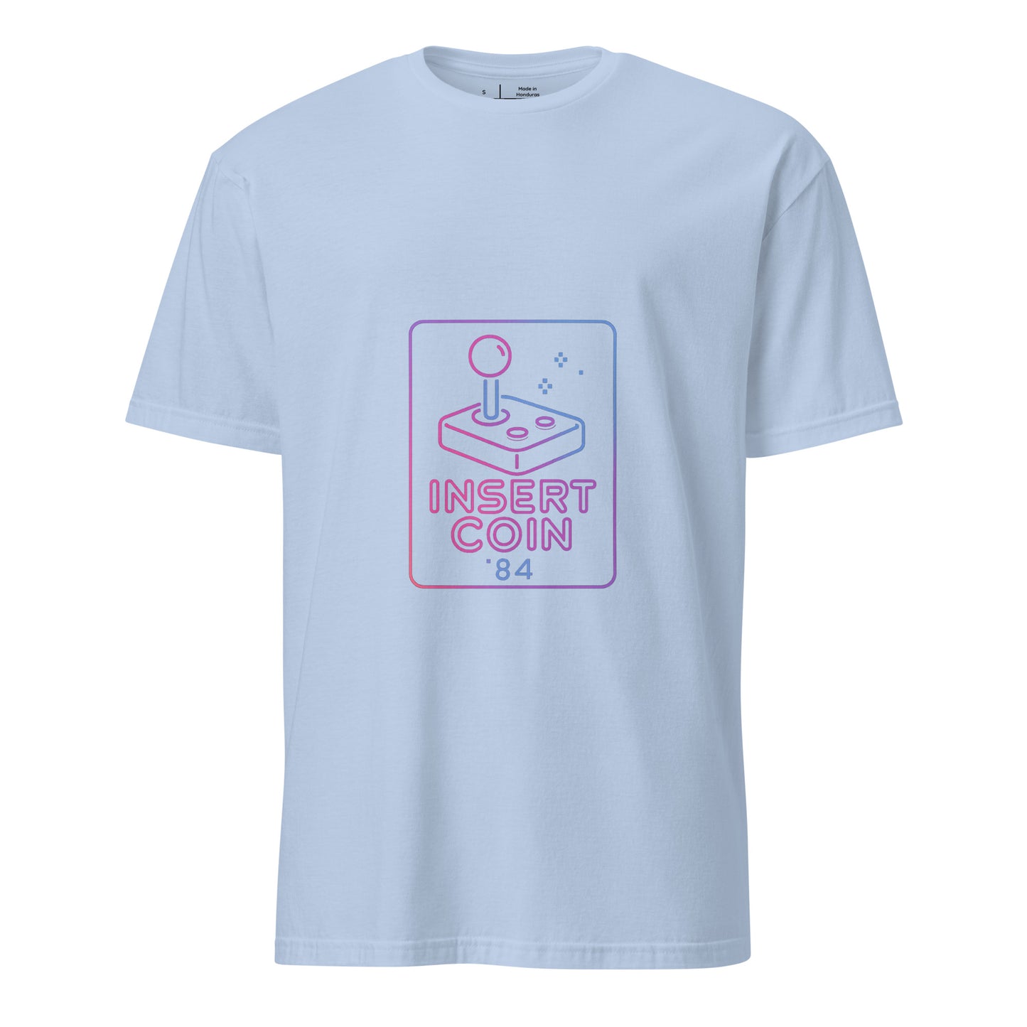 Insert Coin 84 – Retro Joystick Neon - Short-Sleeve Unisex T-Shirt - Graphic Tee - Light Blue - Front