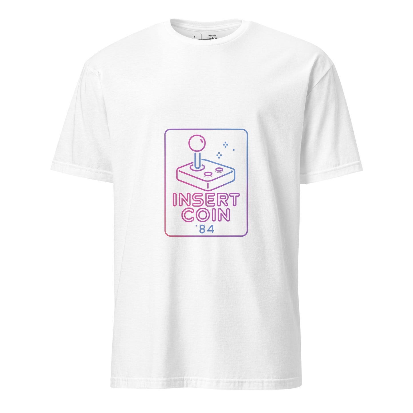Insert Coin 84 – Retro Joystick Neon - Short-Sleeve Unisex T-Shirt - Graphic Tee - White - Front