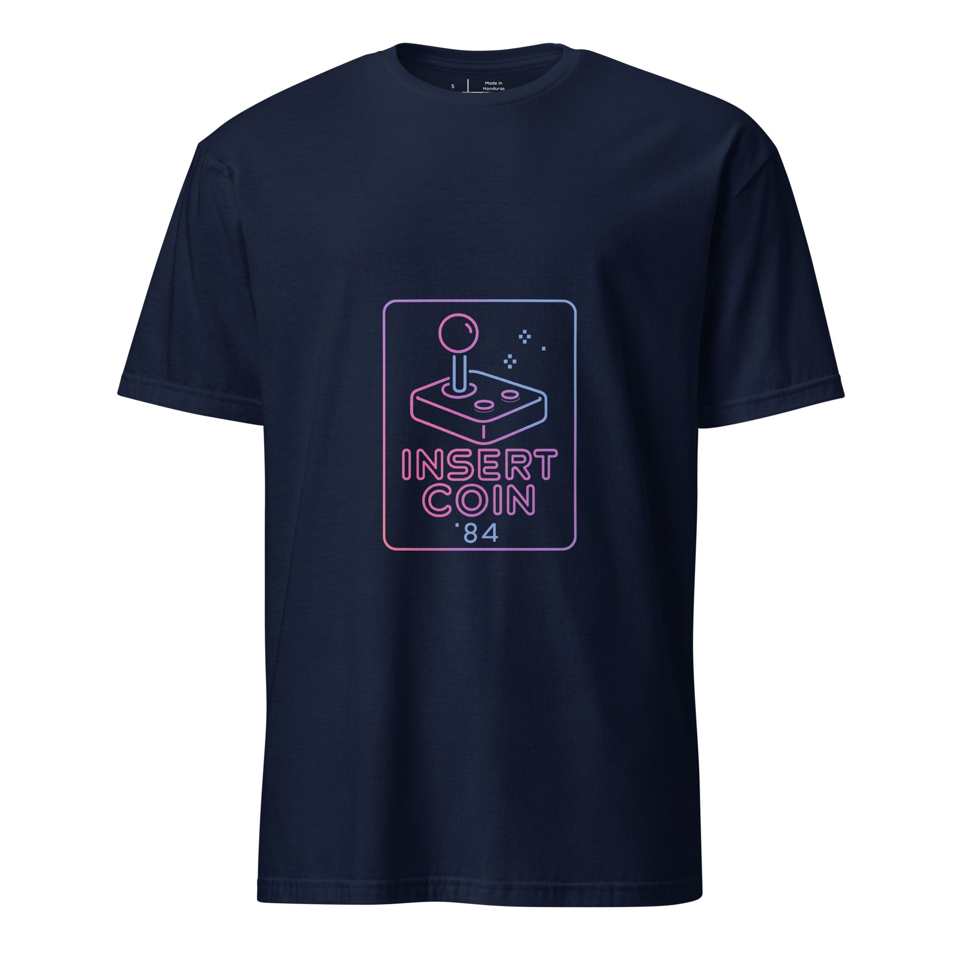 Insert Coin 84 – Retro Joystick Neon - Short-Sleeve Unisex T-Shirt - Graphic Tee - Navy - Front