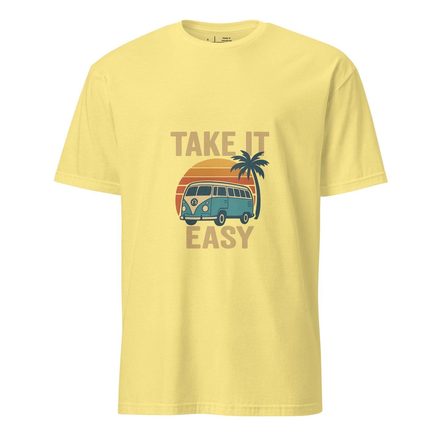 Take It Easy – Retro Sunset Camper - Short-Sleeve Unisex T-Shirt - Graphic Tee - Cornsilk - Front