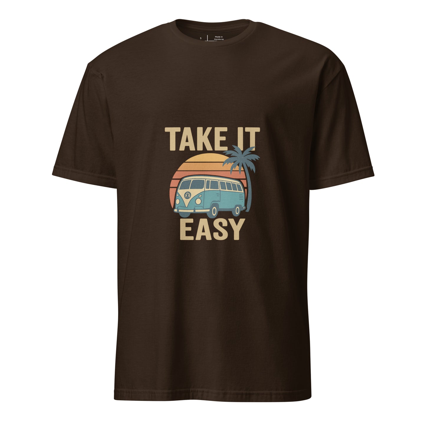 Take It Easy – Retro Sunset Camper - Short-Sleeve Unisex T-Shirt - Graphic Tee - Dark Chocolate - Front