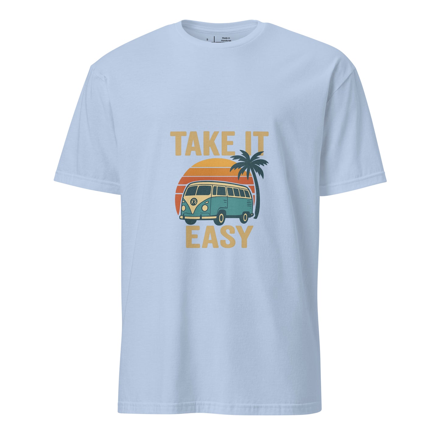 Take It Easy – Retro Sunset Camper - Short-Sleeve Unisex T-Shirt - Graphic Tee - Light Blue - Front
