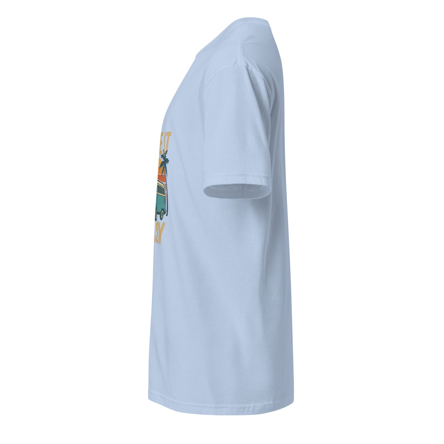 Take It Easy – Retro Sunset Camper - Short-Sleeve Unisex T-Shirt - Graphic Tee - Light Blue - Left side