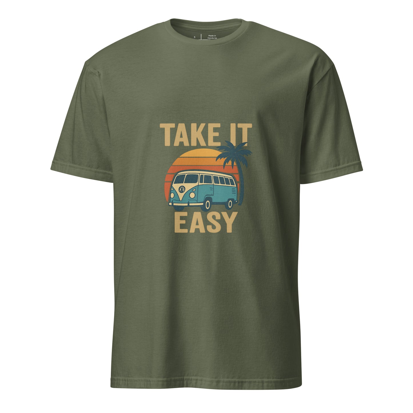 Take It Easy – Retro Sunset Camper - Short-Sleeve Unisex T-Shirt - Graphic Tee - Military Green - Front