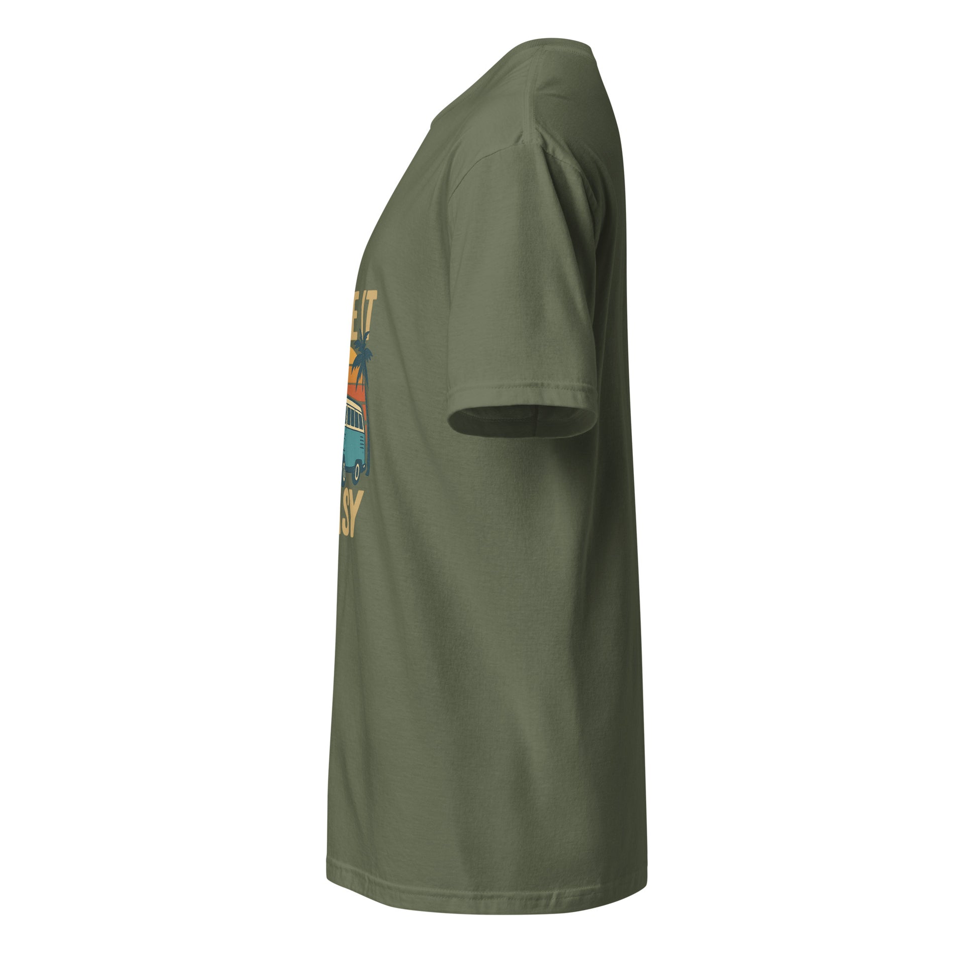 Take It Easy – Retro Sunset Camper - Short-Sleeve Unisex T-Shirt - Graphic Tee - Military Green - Left side