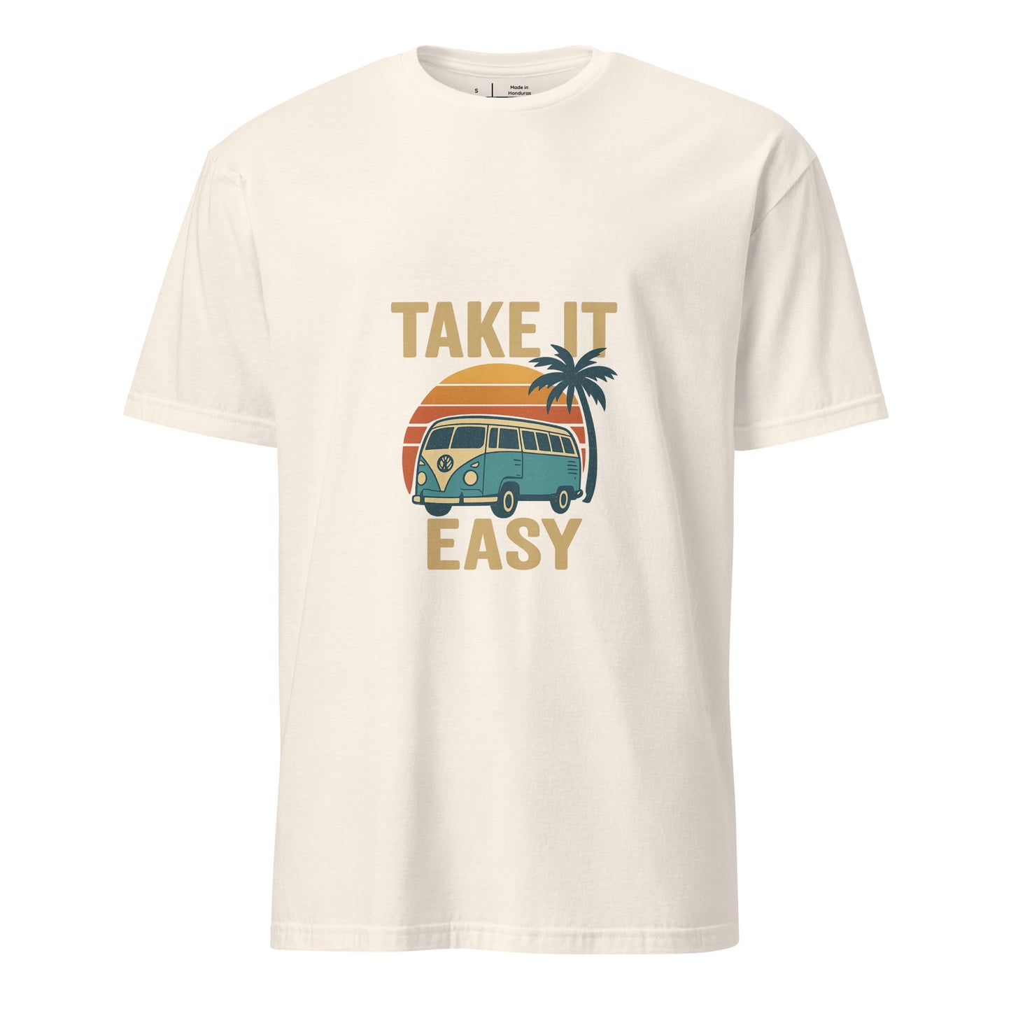 Take It Easy – Retro Sunset Camper - Short-Sleeve Unisex T-Shirt - Graphic Tee - Natural - Front