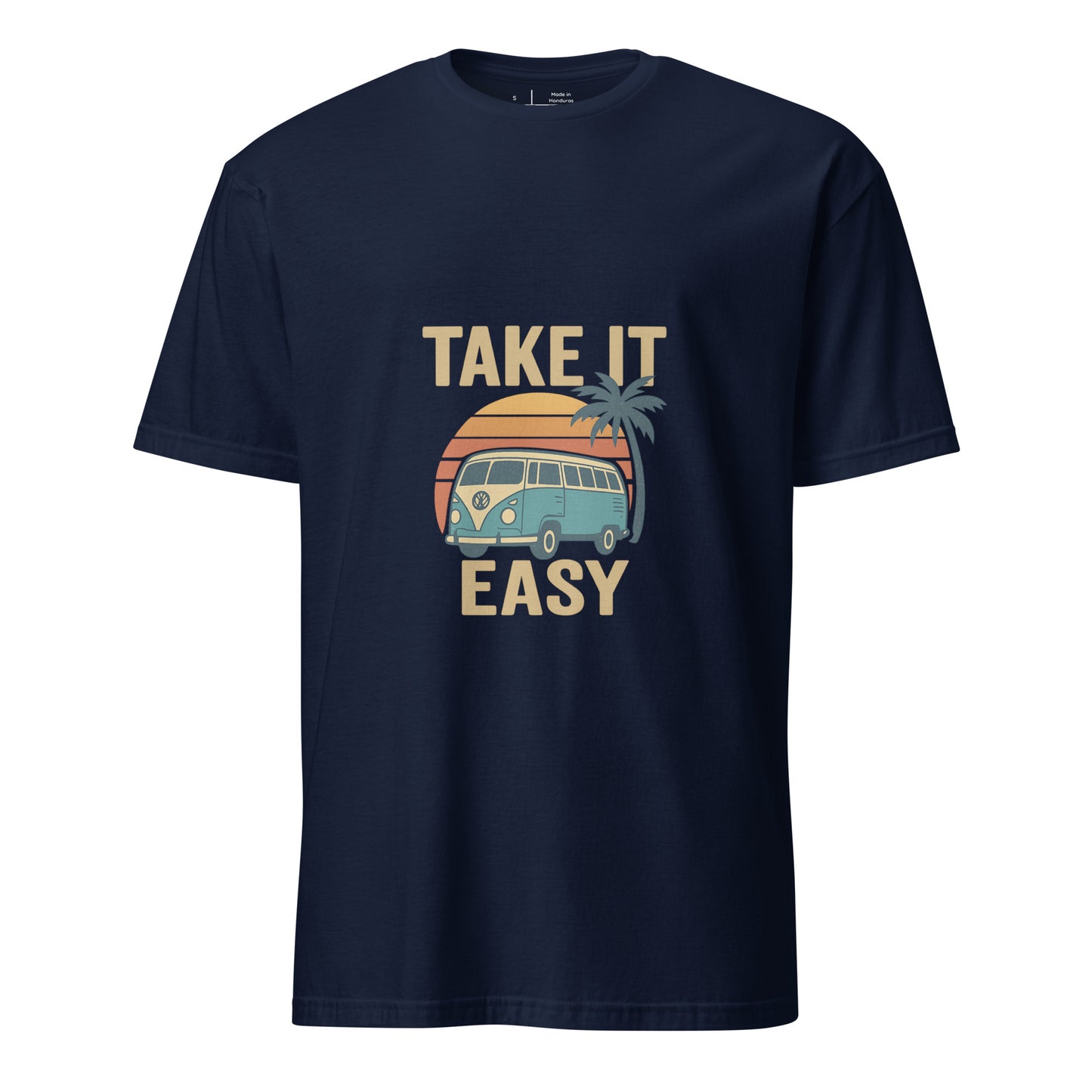Take It Easy – Retro Sunset Camper - Short-Sleeve Unisex T-Shirt - Graphic Tee - Navy - Front