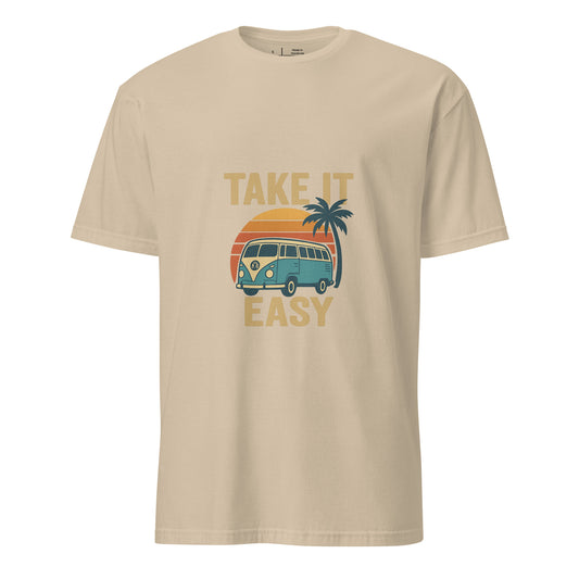 Take It Easy – Retro Sunset Camper - Short-Sleeve Unisex T-Shirt - Graphic Tee - Sand - Front