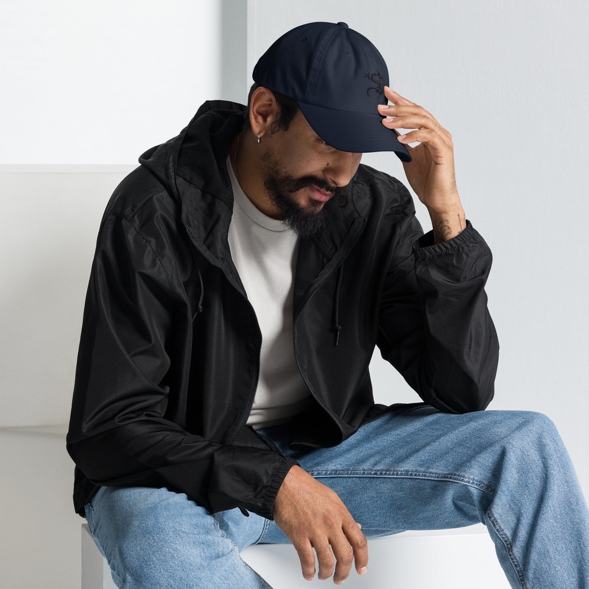 Dragon - Minimalist Tattoo Style - Cap - Baseball Cap - Navy - Right side