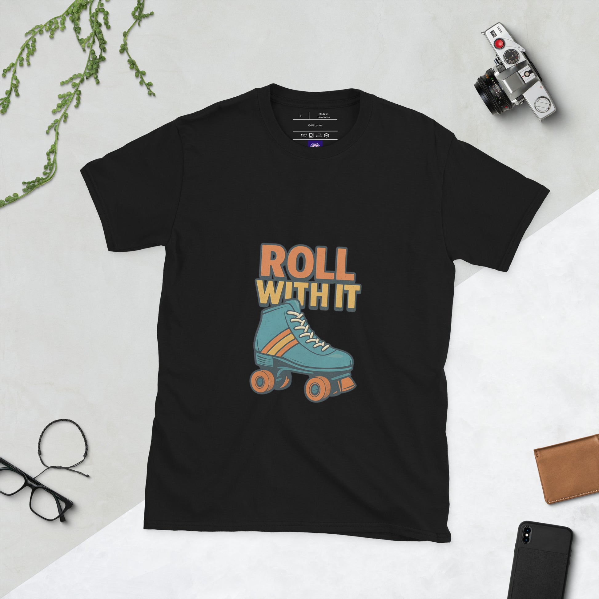 Roll With It - Retro Roller Skate Vibes - Short-Sleeve Unisex T-Shirt - Graphic Tee - Black - Front